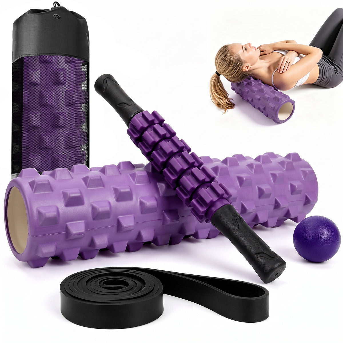 CSD01FRFE0018PU Cshidworld 5-in-1 Foam Roller Set, 18-inch Deep Tissue Foam Roller with Massage Stick, Massage Ball, Resistance Band & Carry Bag for Stretching, Yoga, Pilates & Fitness