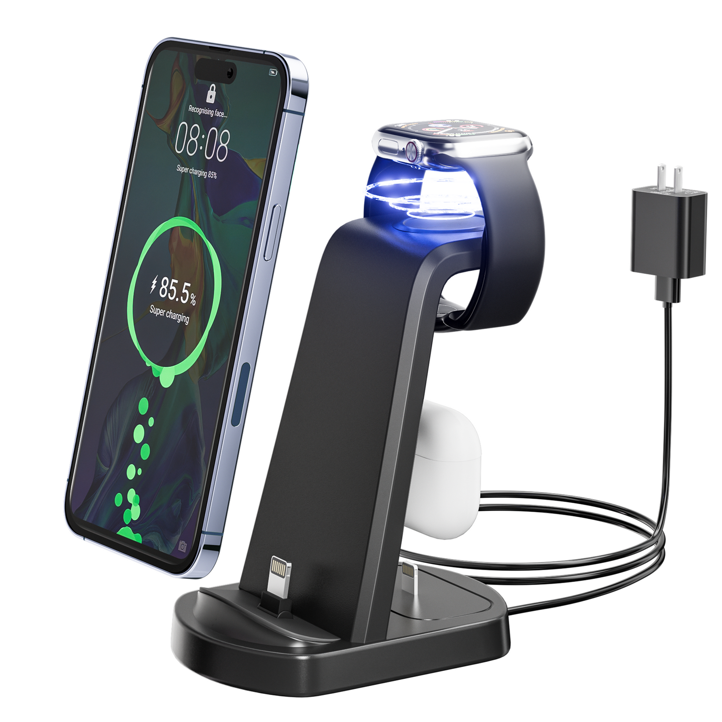 CSD01WLCGX498BL 3 in 1 Charging Station for iPhone, 18W Fast Wireless Charger for iPhone 14 13 12 11 Pro X Max XS XR 8 7 Plus 6s 6 & Airpods, Wireless Charging Stand for Apple Watch Series 9 8 7 6 SE 5 4 3 2