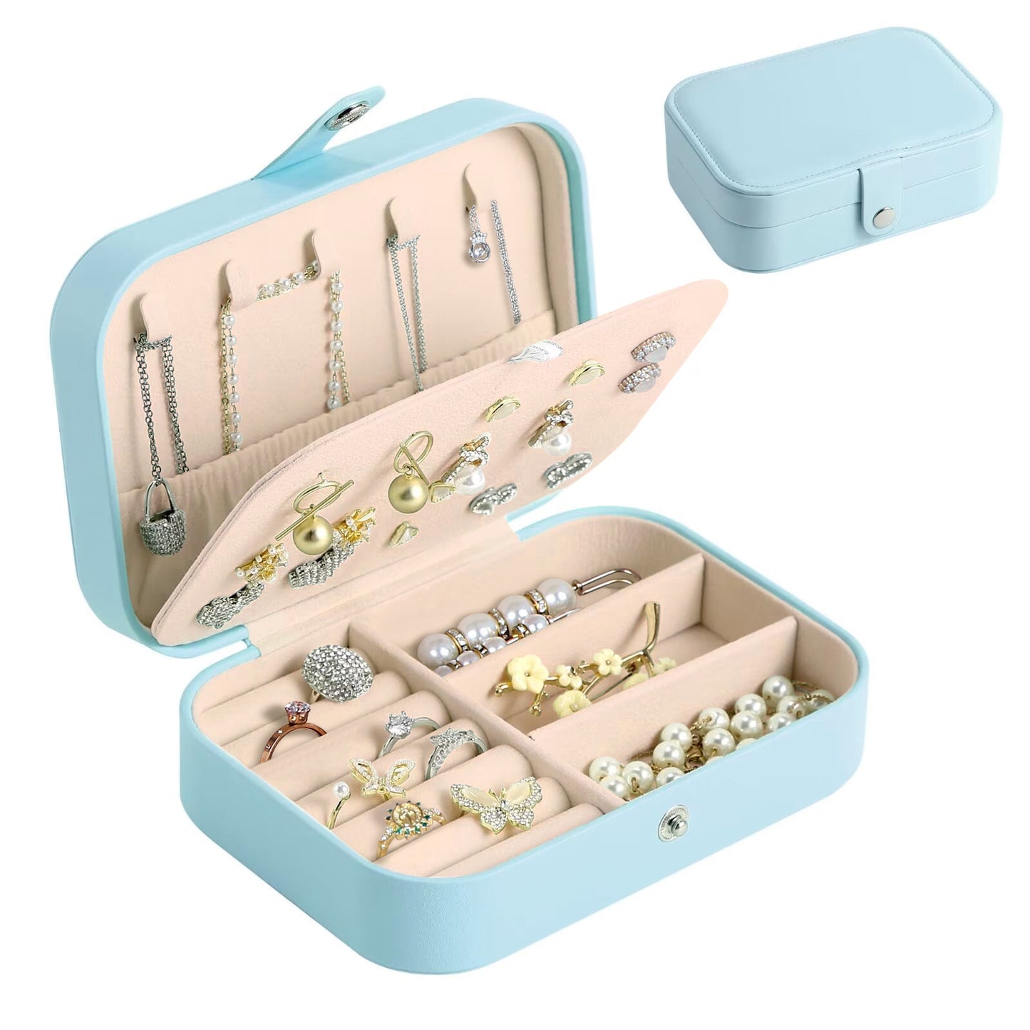 CSD01GTJB0000BU Travel Jewelry Box, Portable Jewelry Organizer for Women Girls, Double Layer Mini Jewelry Organizers and Storage Holder Boxes for Earrings, Ring, Necklaces, Bracelets