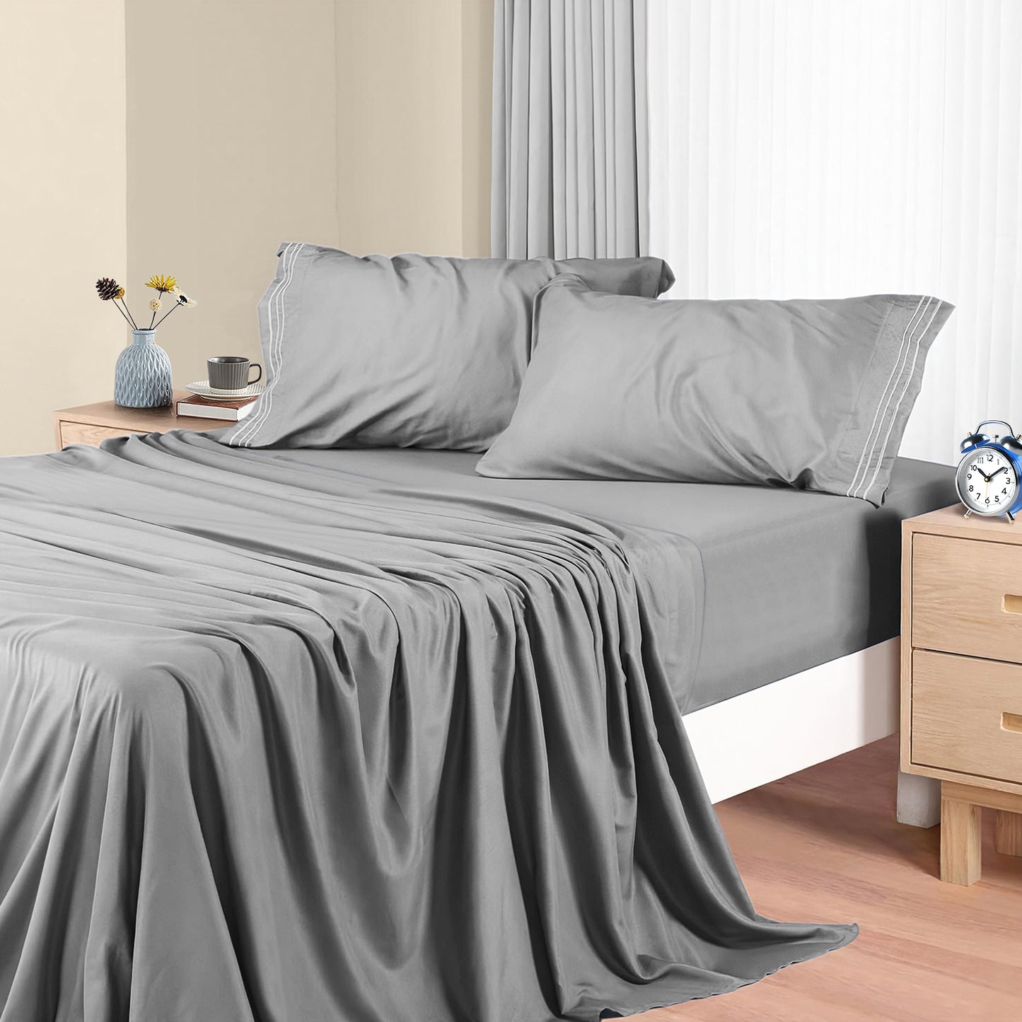Twin-XL Size Bed Sheet Set, Ultra-Soft & Hypoallergenic Bedding Sheets, 4 Pieces Breathable Sheet Set, Wrinkle-Resistant Sheets Deep Pocket up to 16”, Light Gray