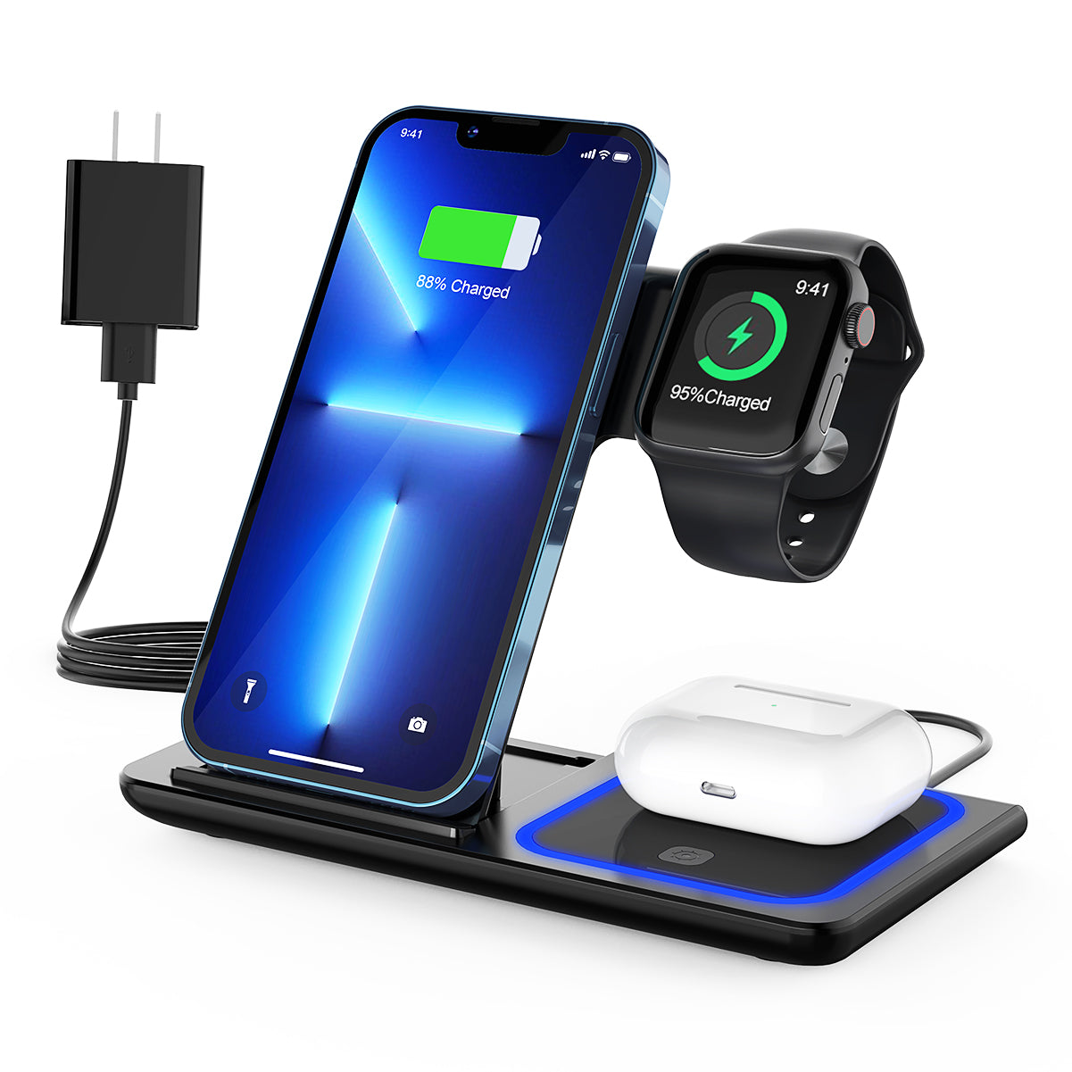 CSD3WCB-01 Wireless Charger, 3 in 1 Wireless Charging Station, Fast Charging Dock for iPhone 15/14/13/12/11/Pro/XS/XR/X/SE/Galaxy, 15W Wireless Charger Stand for Apple Watch Series 8/7/6/5/4/3/2/AirPods