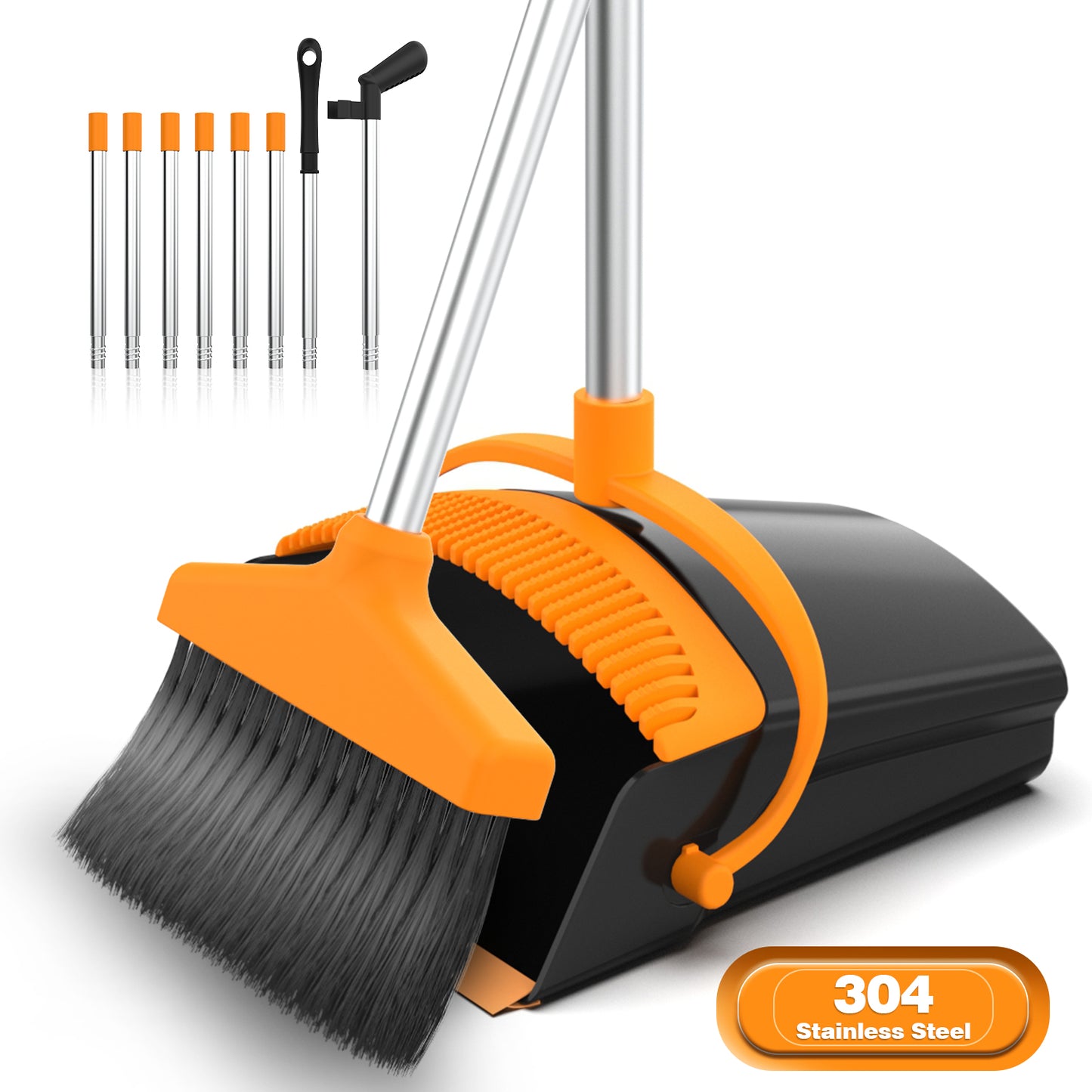 CSD01BMDPB001BO Broom and Dustpan Set for Home, Stainless Steel Ergonomics 50" Long Handle Broom with Self Cleaning Dustpan Teeth, Black Orange Brooms for Floor Ideal for Pet Hair Home Kitchen Offile
