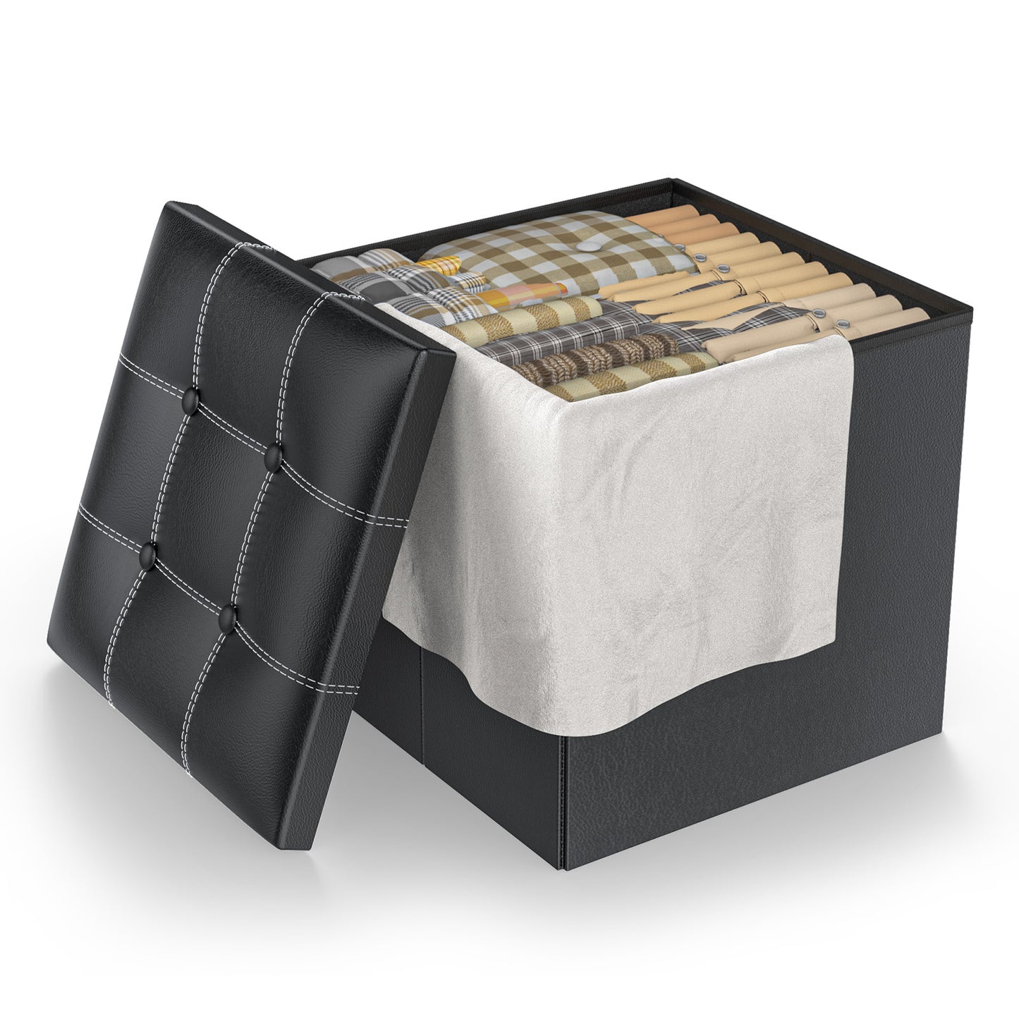 CSD02SROM0000BL Storage Ottoman, 15 inch Foot Rest Stool, 40L Folding Leather Footstool Bench, Short Black Ottoman Stool, Storage Foot Rest for Books Toys Blankets