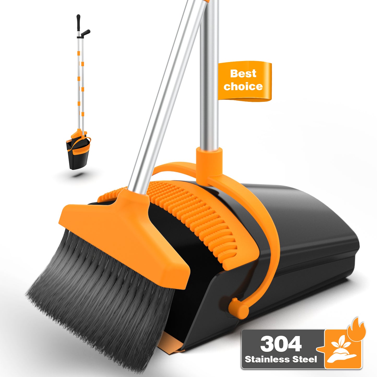 CSD02BMDPB001BO Cshidworld Broom and Dustpan Set for Home, Steel Dustpan with 50'' Long Handle Broom and Dustpan Combo, Indoor or Outdoor, Self Cleaning & Multipurpose for Pet Hair, Office Sweeping(Black Orange)