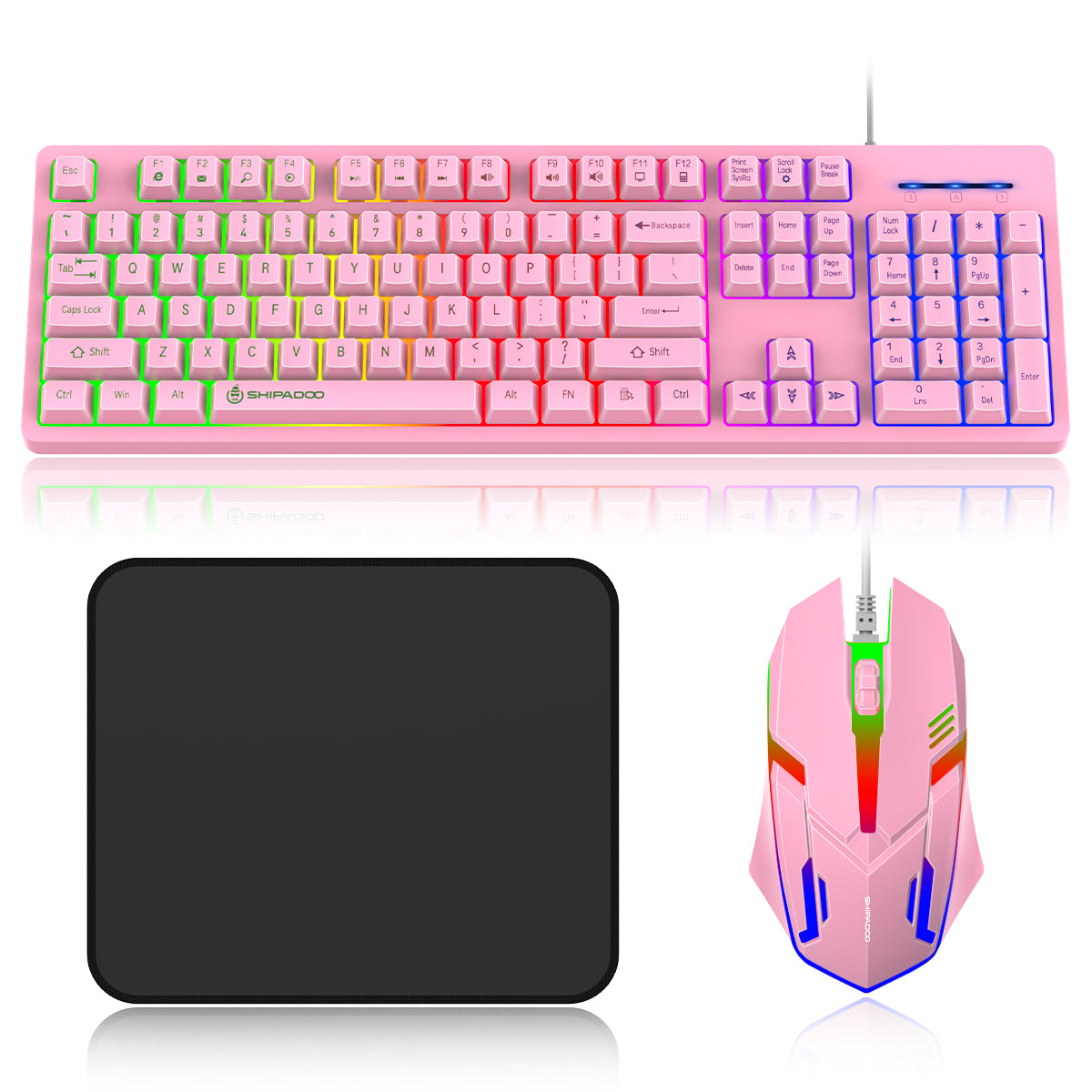 CSD01WGKBD600PKGaming Keyboard and Mouse Combo, Rainbow LED Backlit Multimedia PC Gaming Keyboard, Office Keyboard Colorful Breathing Backlit Gaming Mouse for Working or Primer Gaming, Office Device,Pink