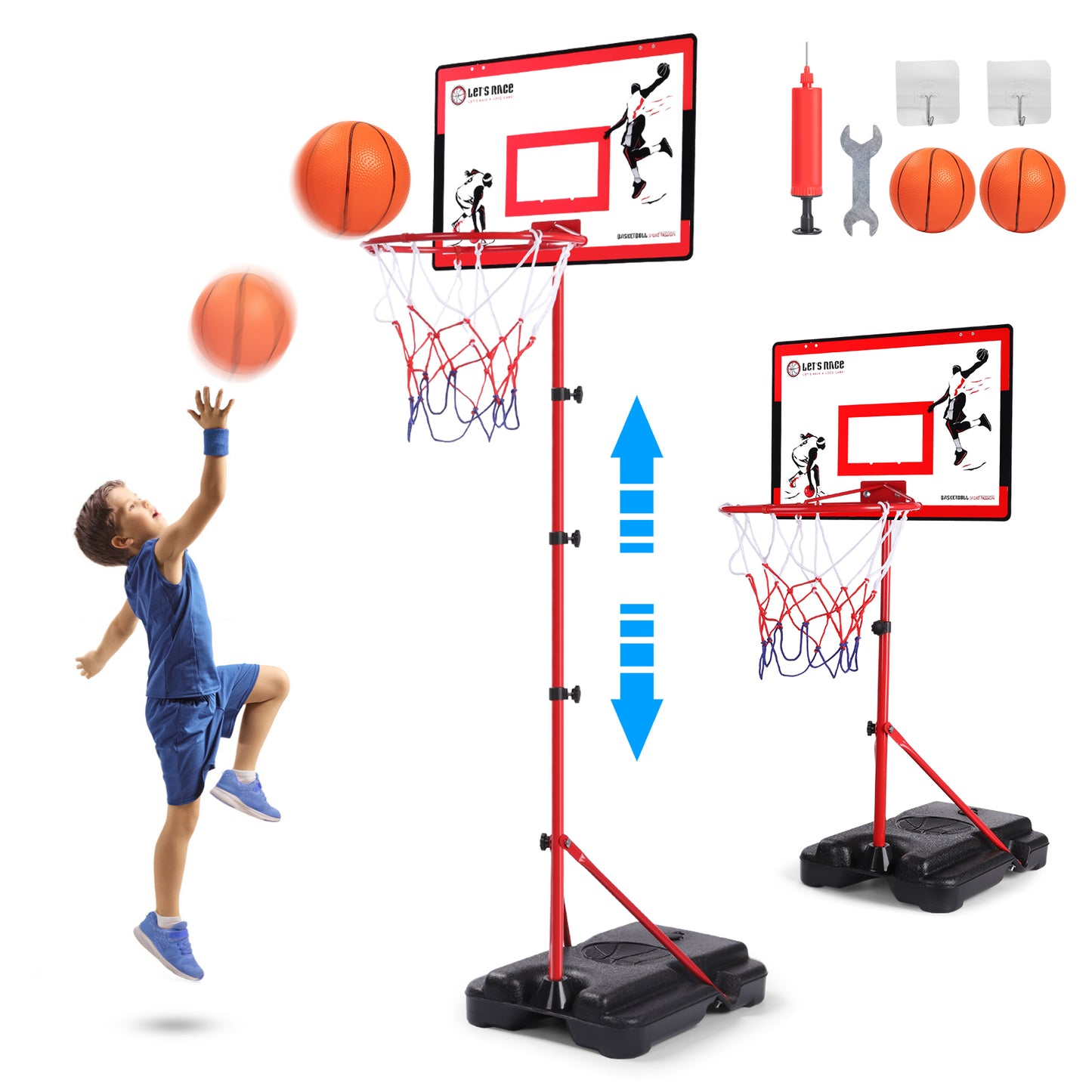 CSD01BHFK0000RD Kids Basketball Hoop Adjustable Height 3.01FT-5.64FT, Mini Toddler Basketball Hoop for Kid Boys, Basketball Goal Toys Outdoor Indoor, Boys Girls Toy Gifts for 3 4 5 6 7 8