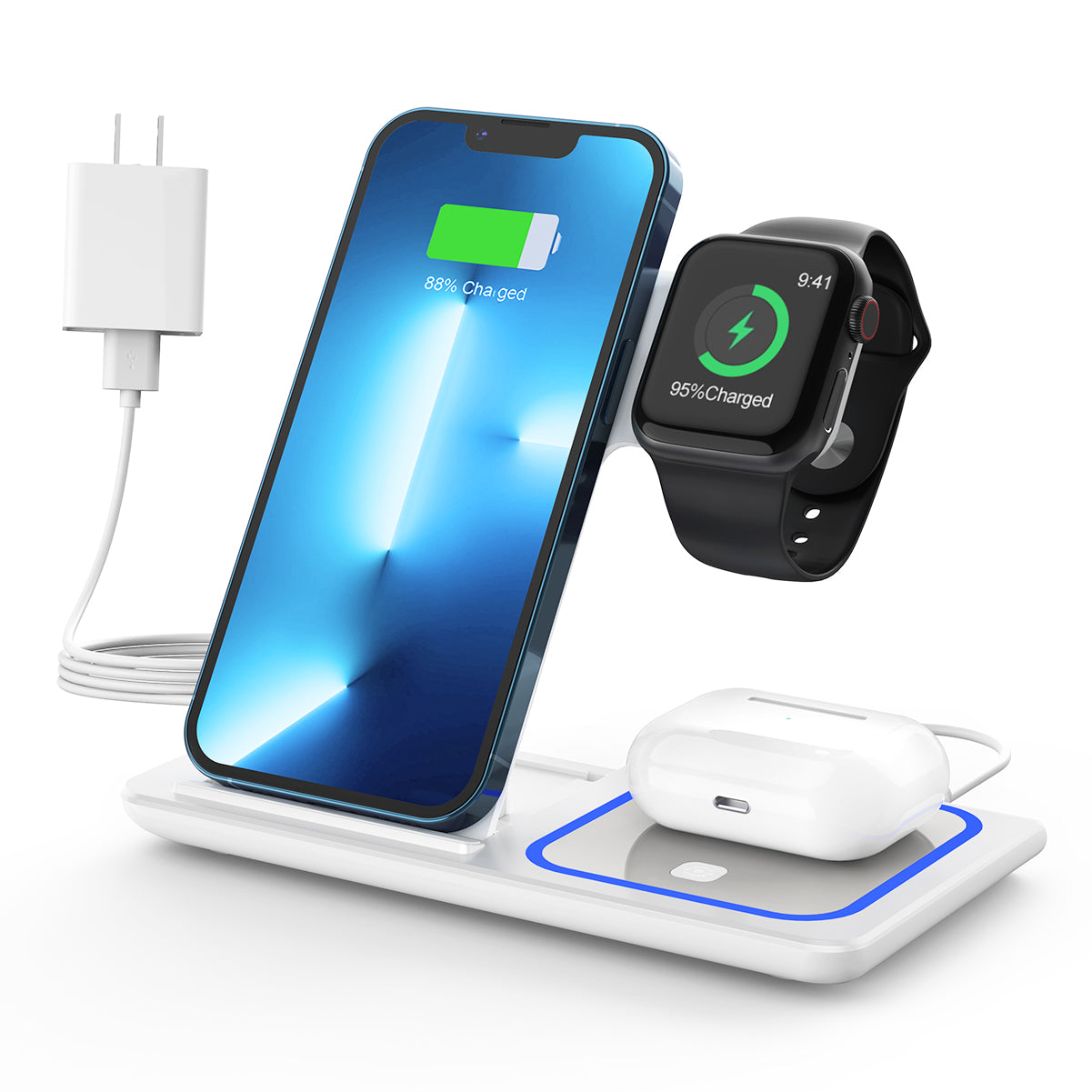 CSDWCWN Wireless Charger, 3 in 1 Fast Wireless Charging Station with Breathing Indicator Compatible with IPhone 15/14/13/12/11 Pro Max/XS, Apple Watch 8/7/6/5/4, AirPods 3/2/1, Samsung Galaxy(with Adapter)