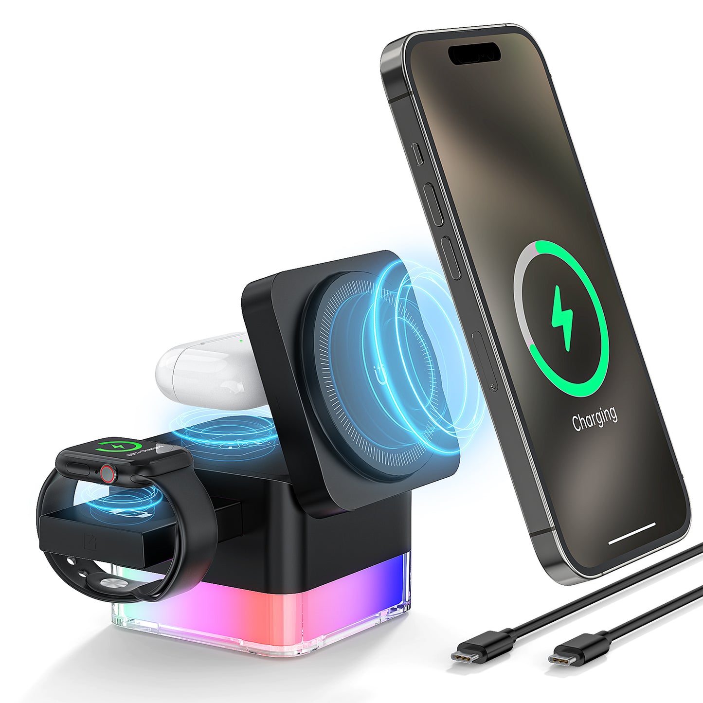 CSD01WLCG00S6BL Wireless Charger, Cshidworld 3 in 1 Cube iPhone Wireless Charger Stand, 15W Fast Charging Station, Foldable Wireless Charging Dock for iPhone 16/15/14/13/12, iWatch S2-10/Ultra, AirPods 2/3/4/Pro
