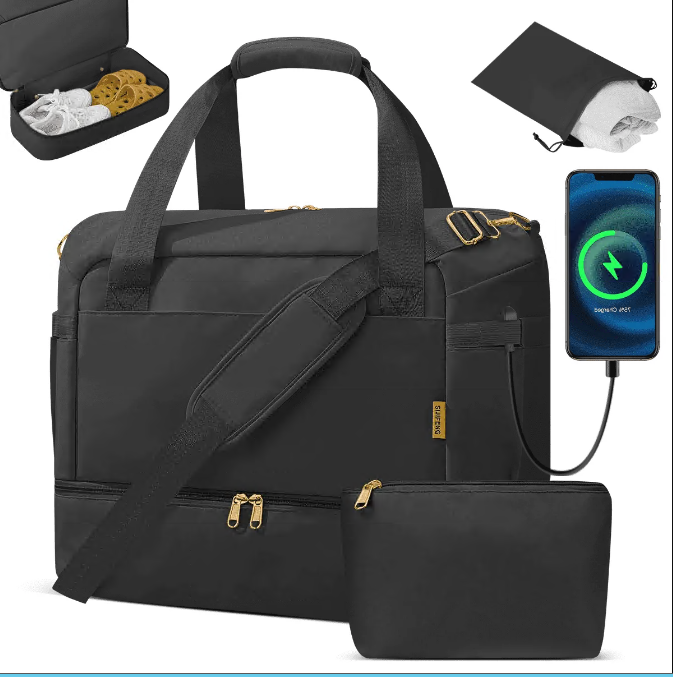 CSD01TDOB0000BK3Pcs Travel Duffel Bag, Tote Gym Bag with Shoes Compartment & Shoes Bag, Weekender Overnight for Women with Wet Pocket & USB Charging Port, Carry On Bag for Women, Travel, Gym, Weekend, Black