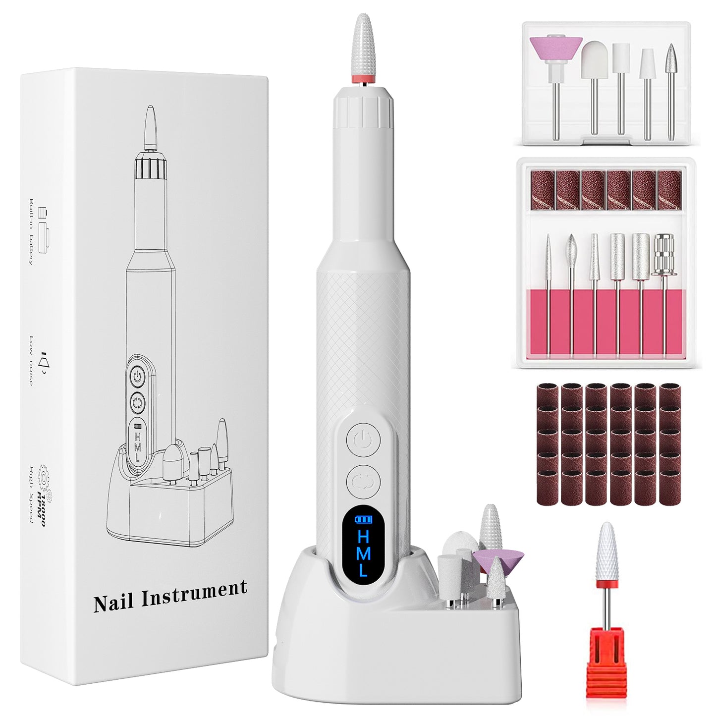 CSD01ENDK0012WH Electric Nail Drill, Cordless Nail File Kit, Portable Manicure Pedicure Tool with 12 Drill Bits & Wireless Charging Base for Acrylic Gel Nails Polishing Removal