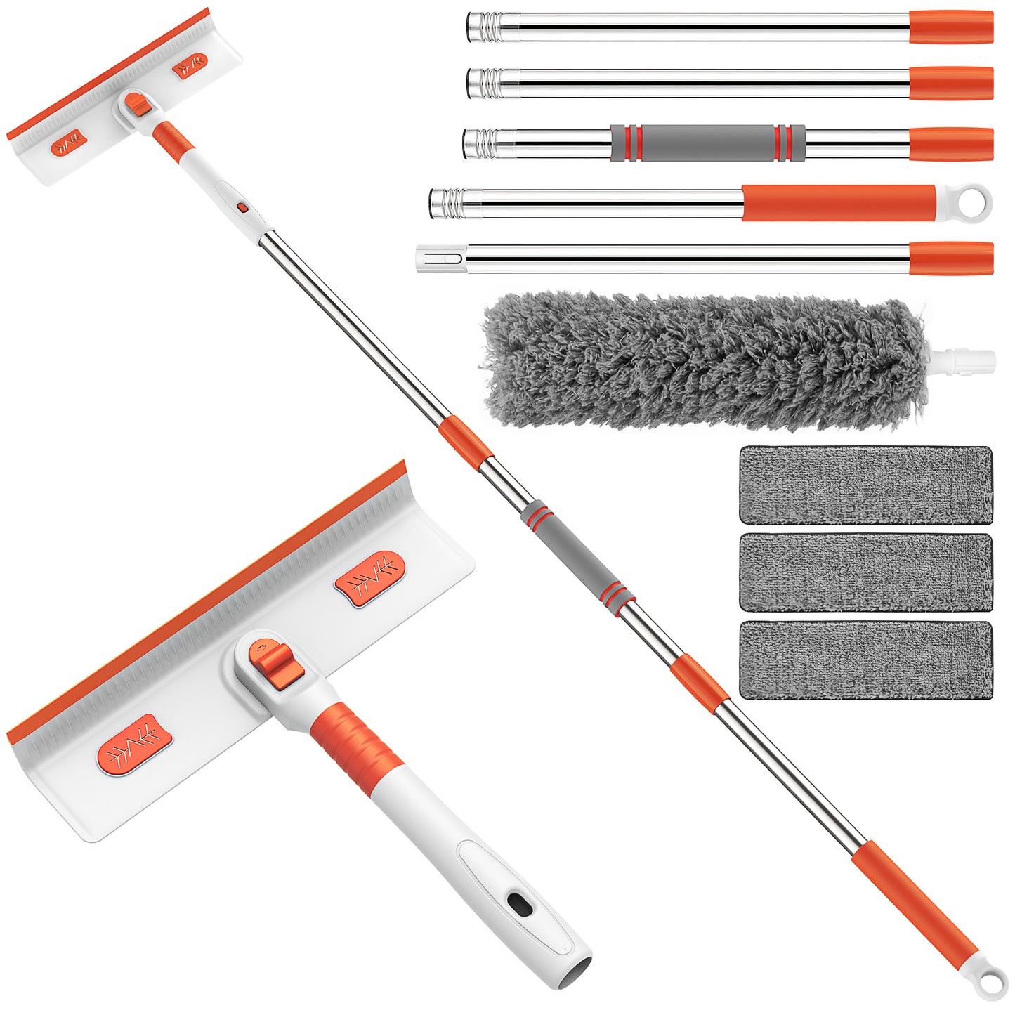 CSD02WDCK0000OW Window Squeegee Cleaner Tool, 4 in 1 Rotatable Window Cleaning Squeegee Kit with Extension Pole and Duster, 67'' Window Washing Kit for Home Mirror Car Glass with 3 Replaceable Cloth Strips(Orange)