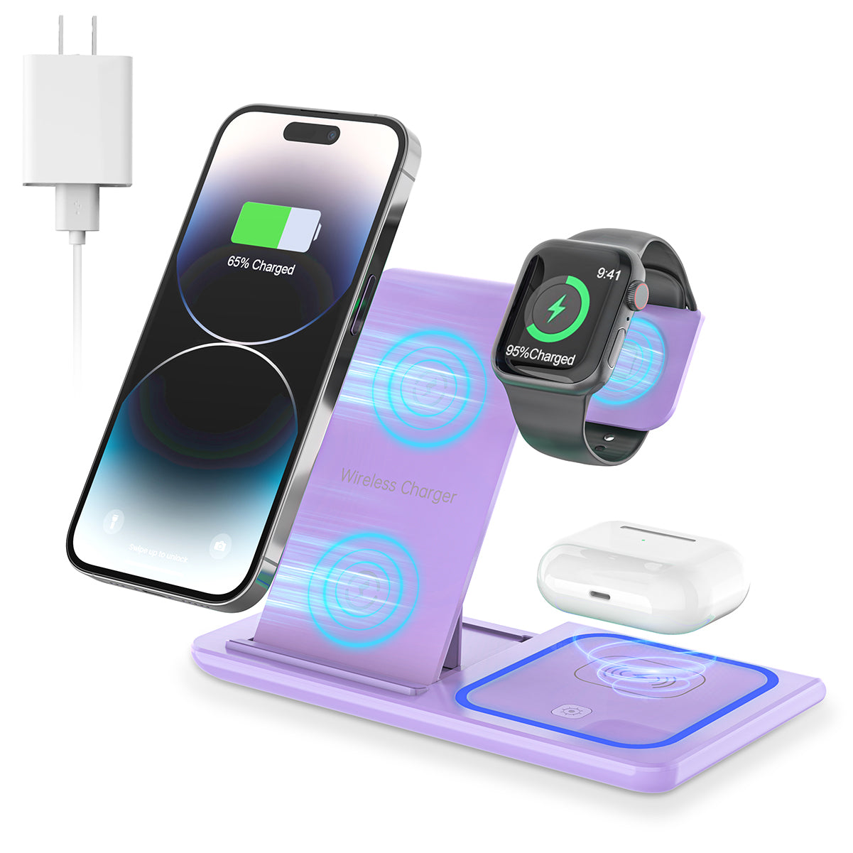CSD01WLCGX455PP Wireless Charging Station, 3 in 1 Wireless Charger for iPhone 15/14/13/12/11/Pro/Pro Max, Sumsung Galaxy S23 S22 S21, 18W Charging Dock for iWatch 9/8/7/6/5/4/3, Airpods 3/2/Pro with Adapter(Purple)