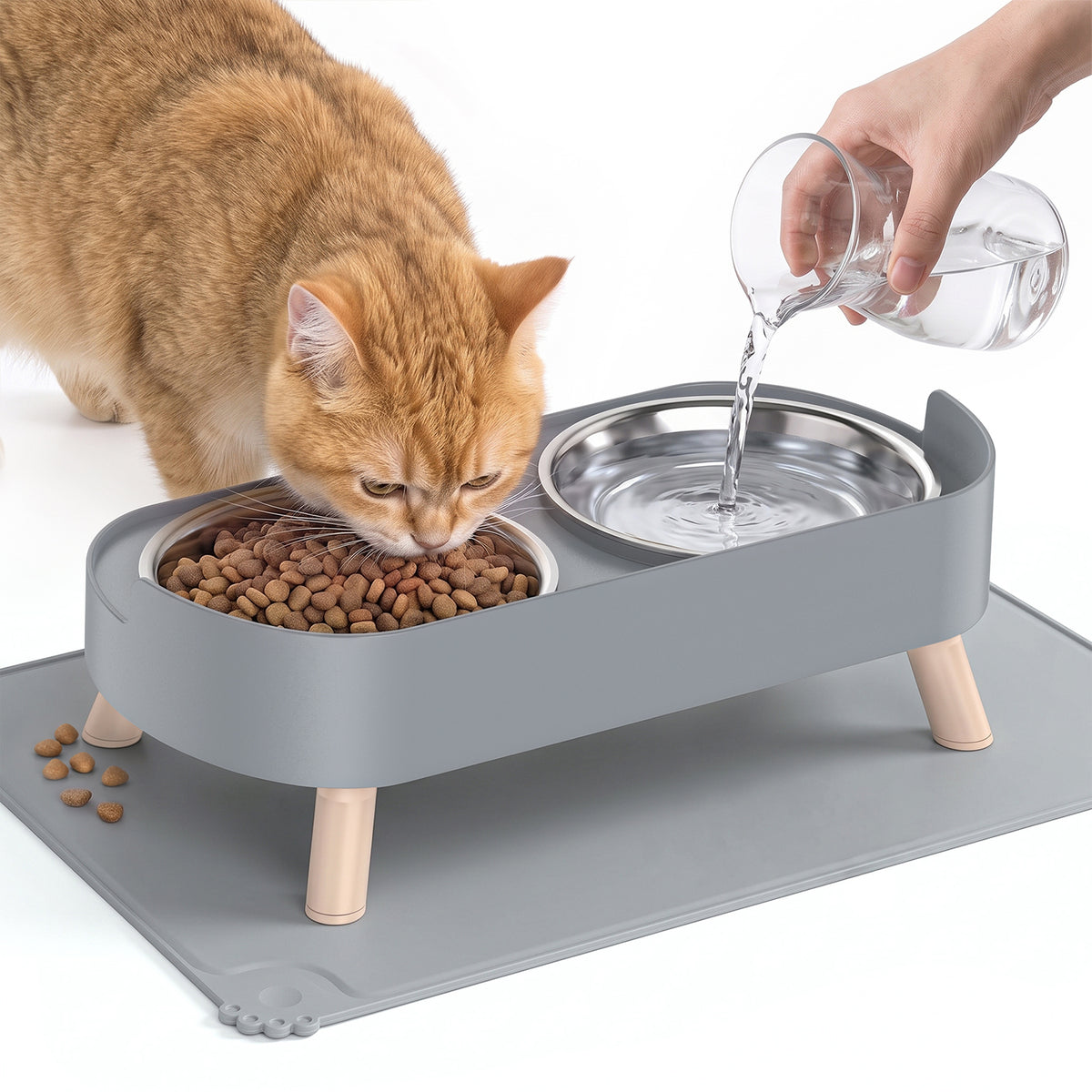 Elevated Cat Food Bowls with Mat, Double Stainless Steel Pet Diner Stand, Gray