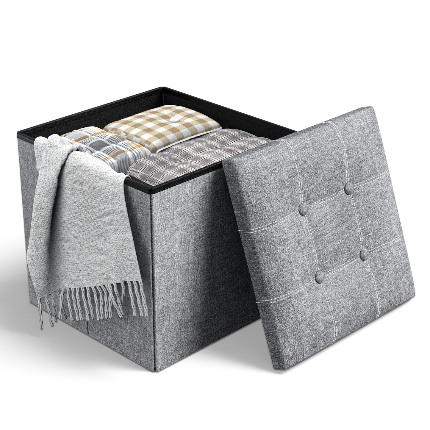 CSD01SROM0000GY Storage Ottoman, Footrest Stool 15*15*15in, 40L Small Ottoman with Storage, Foldable Ottomans Foot Rest, Footstool Bench for Living Room Bedroom Entryway Stool Gray