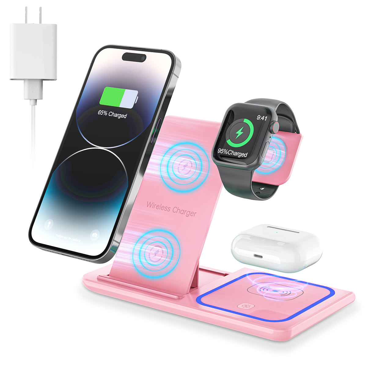 CSD01WLCGX455PK Wireless Charger, 18W 3 in 1 Wireless Charging Station for iPhone 16 15 14 13 12 Pro XR XS, Fast Charing Stand for iWatch 10/9/8/7/6/SE/5/4/3/2, AirPods 4/3/2/Pro, Samsung Galaxy S23 S22 S21 20(Pink)