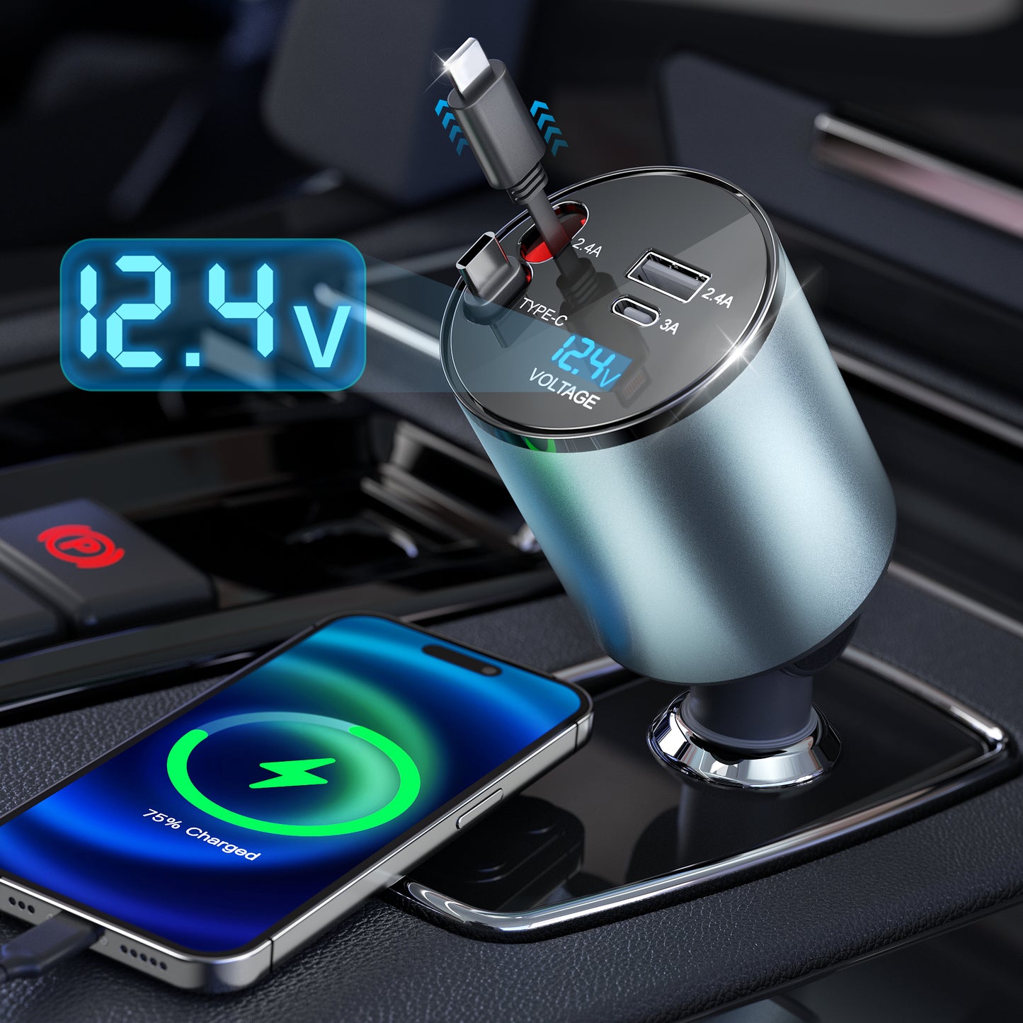CSD01RTCC0000RD Cshidworld 4 in 1 Retractable Car Charger 66W Fast Car Phone Charger with Retractable Cables
