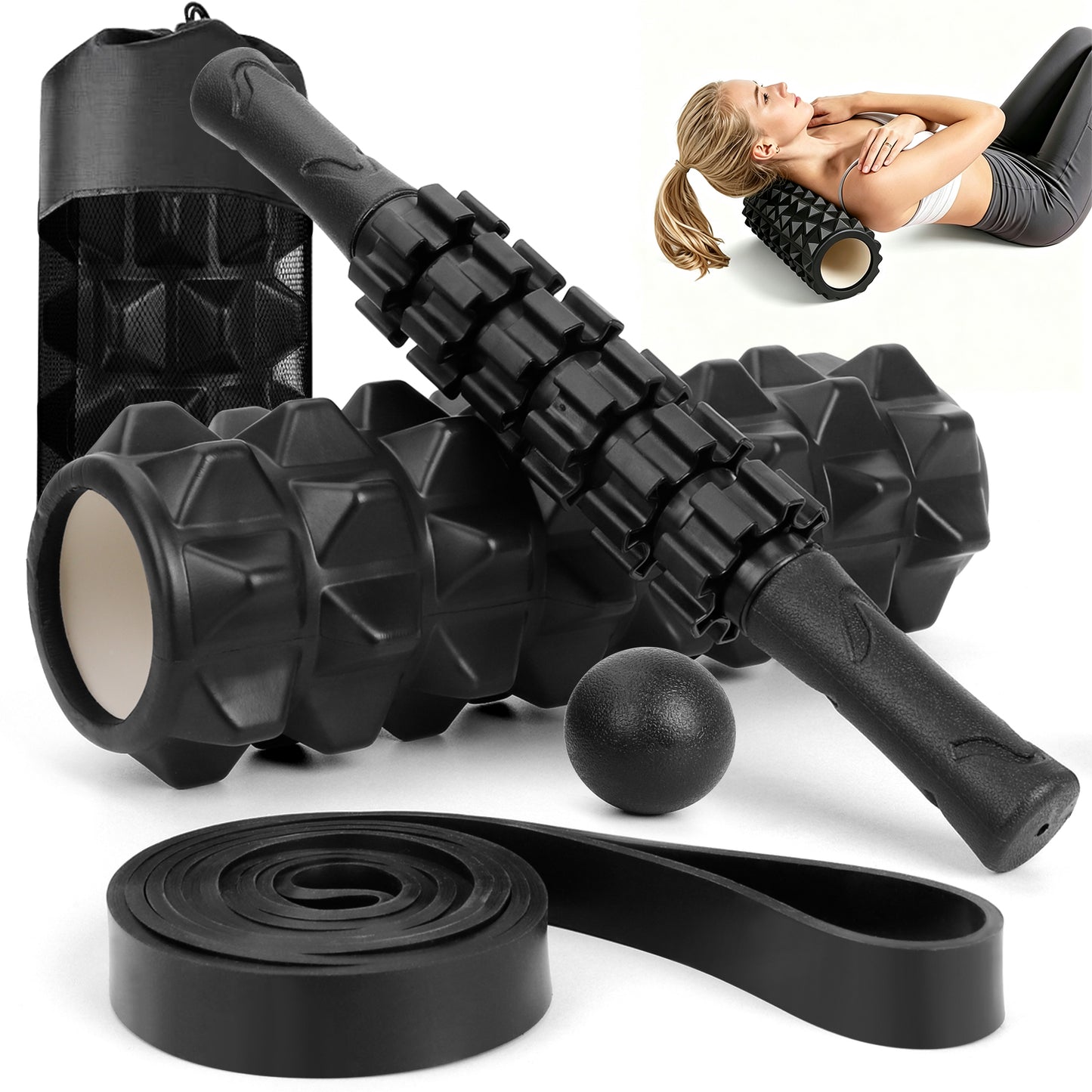 CSD01FRFE0013BK Cshidworld 5-in-1 Foam Roller Set, 13-inch Deep Tissue Foam Roller with Massage Stick, Massage Ball, Resistance Band & Carry Bag for Stretching, Yoga, Pilates & Fitness