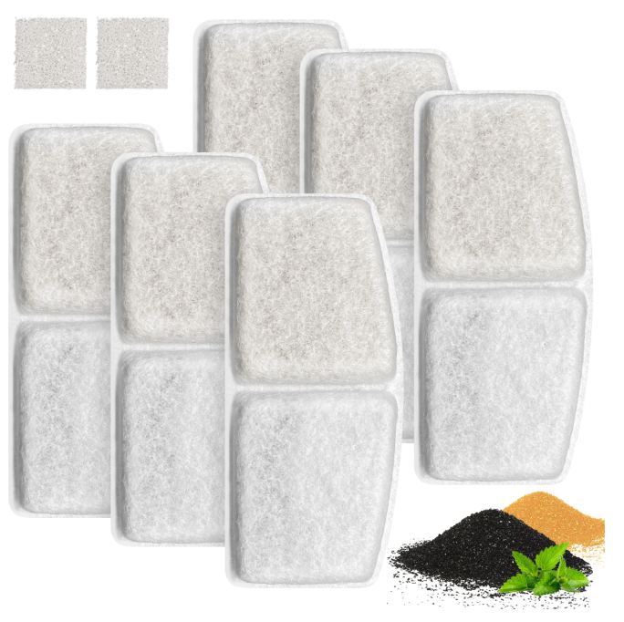 CSD01WDFE0000WH8pcs Cat Water Fountain Filters, 6 Pack Replacement Filters & 2 Pack Replacement Pre-Filter Sponges Set for 89oz/2.6L Automatic Pet Fountain Cat Water Fountain with Ion-exchange Resin & Activated Carbon