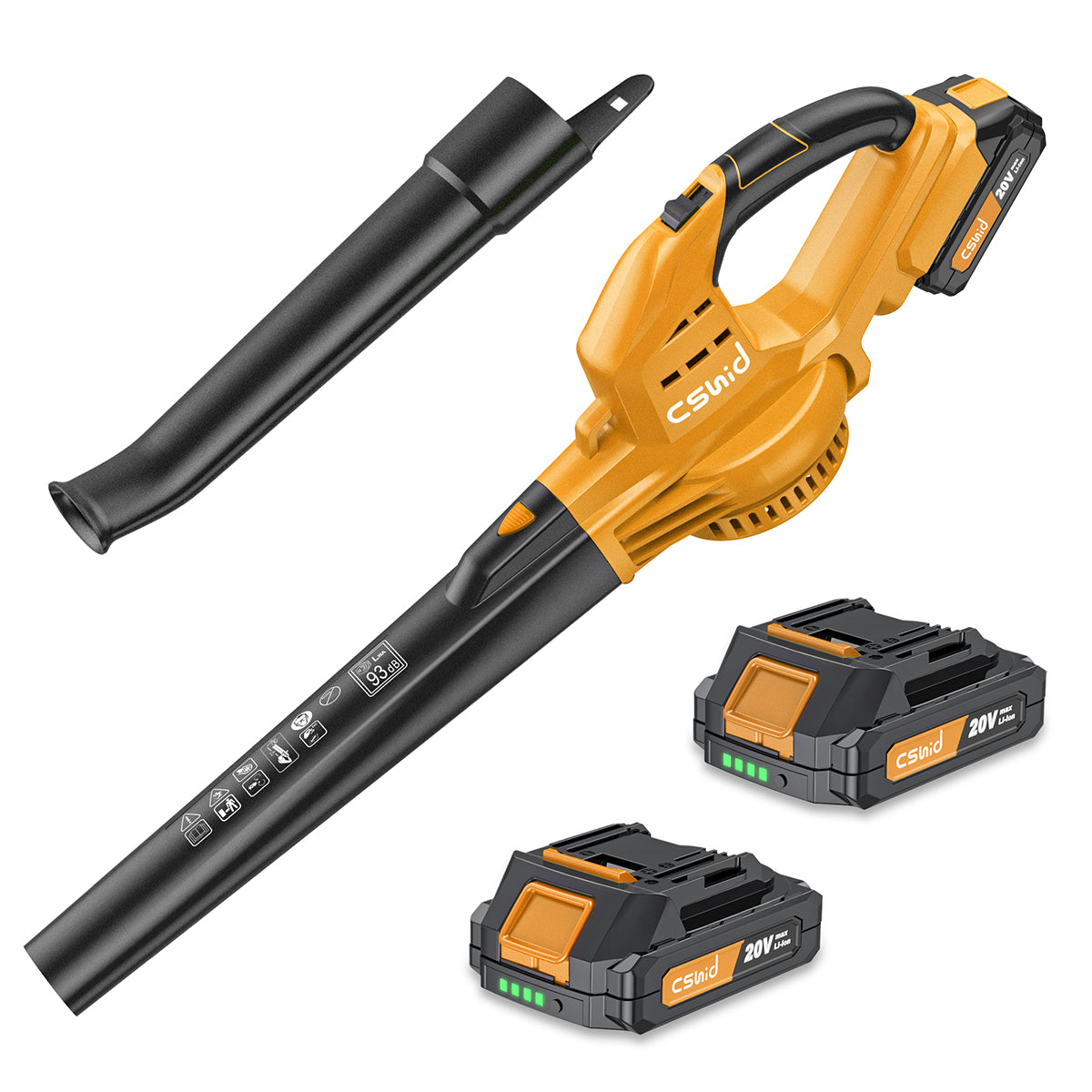 CSD02MNLB0000BU Cordless Leaf Blower, 20V Handheld Electric Leaf Blowers with 2 x Battery & Charger, 2 Speed Mode, 320CFM 165MPH, Lightweight Battery Powered Leaf Blowers for Leaf/Snow/Dust Blowing, Yellow