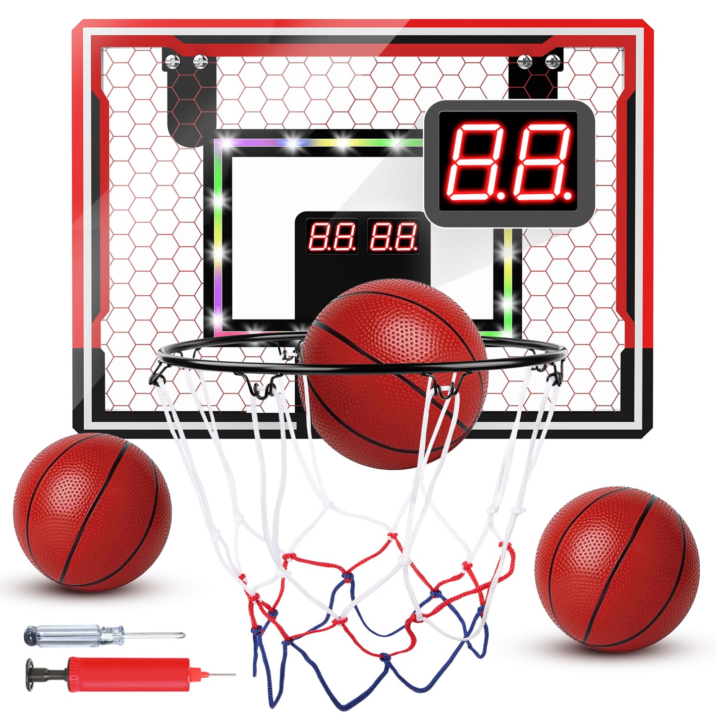 CSD01BHWL0000BLBasketball Hoop Indoor for Kids, Over The Door Mini Basketball Hoop with LED Light, Scoreboard, 3 Balls, Remote Control and 3 Modes, Boys Girls Toys for Ages 3-5, 6-8 9-10+ Years Old Birthday Gifts