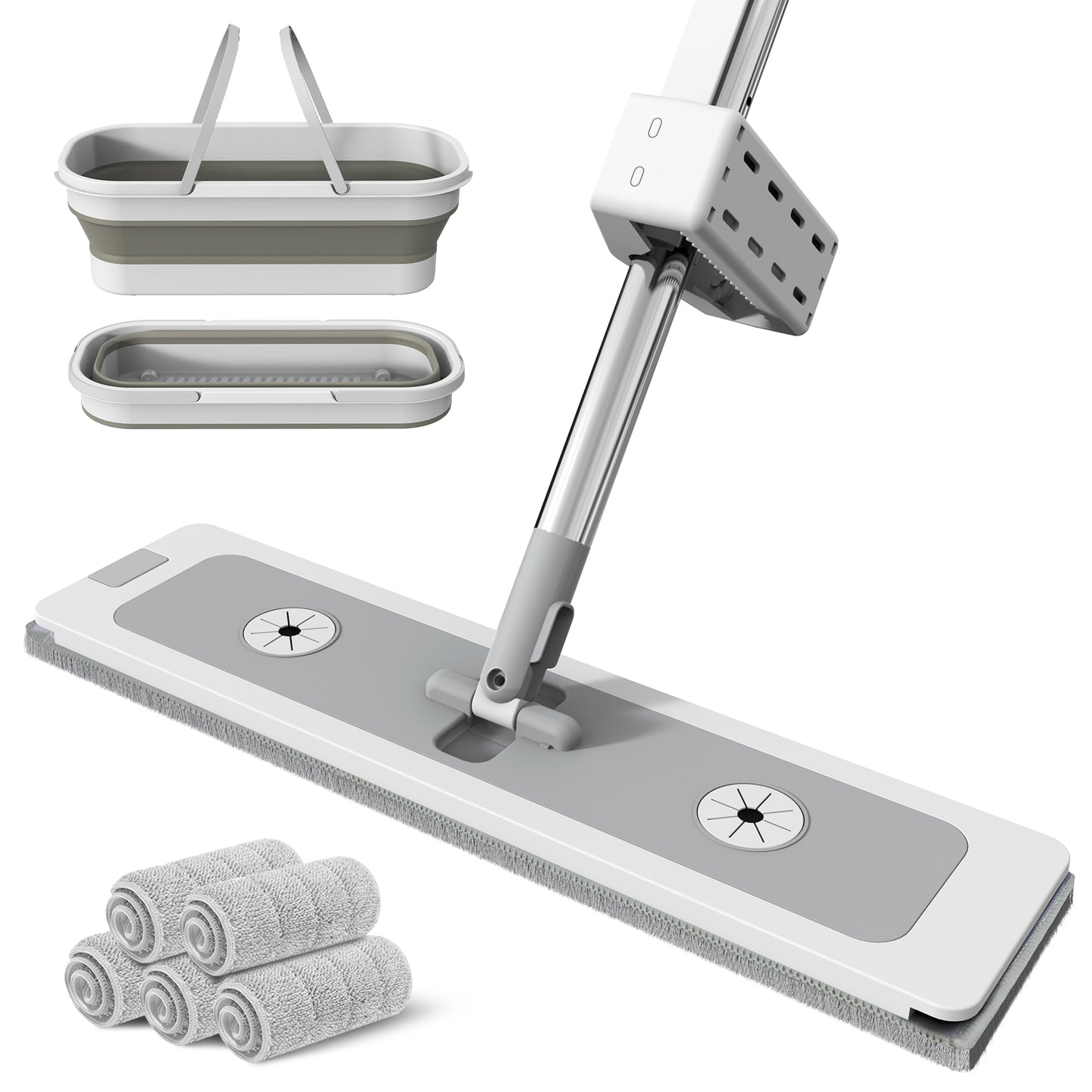 CSD01MPAB0000WT Flat Mop and Collapsible Bucket with Self-Wringer, 12L Hand Free Mop and Bucket Set for Floor Cleaning, Foldable Bucket with Wheels, Wet and Dry Use, 5 Washable Microfiber Pads