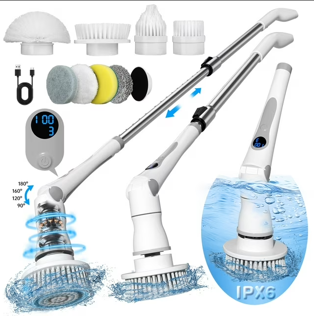 3 Speed Electric Spin Scrubber with LED Display, Bathroom Cleaning Brush with 8 Replaceable Brush Heads, Cordless Shower Scrubber with 48" Extension Handle for Shower Bathtub Floor Tile Glass Car