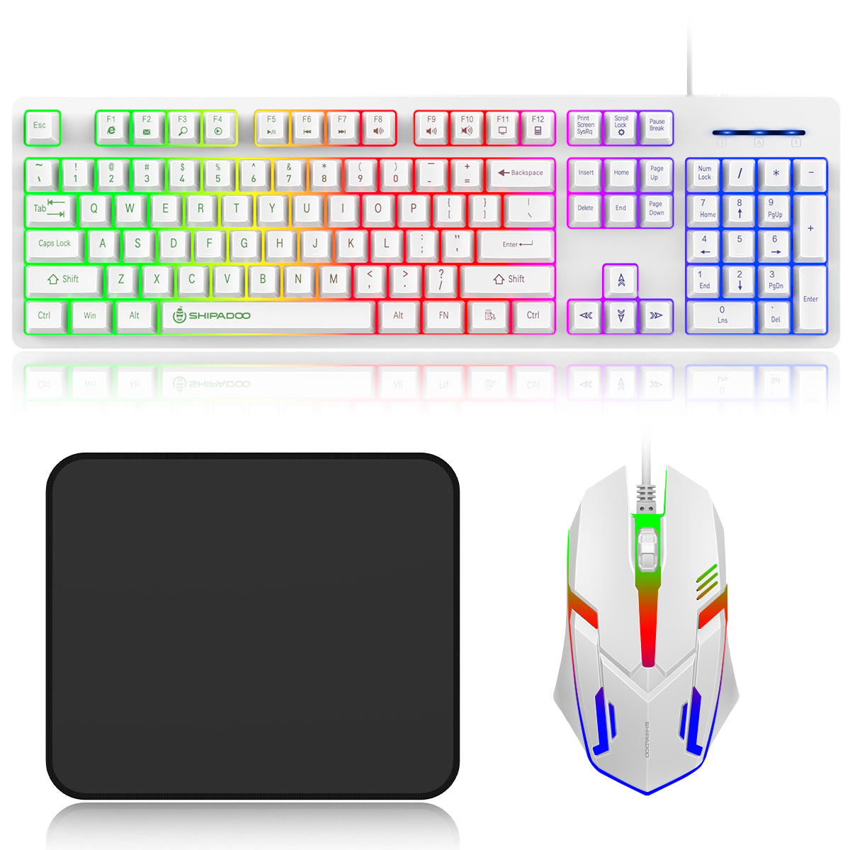 CSD01WGKBD600WHWired Keyboard and Mouse Combo, Gaming Keyboard RGB Backlit, Ergonomic Keyboard w/Mouse & Mouse Pad, 104 Keys Mechanical Keyboard, Quiet Silent Keyboard for Working or Primer Gaming, Office, White