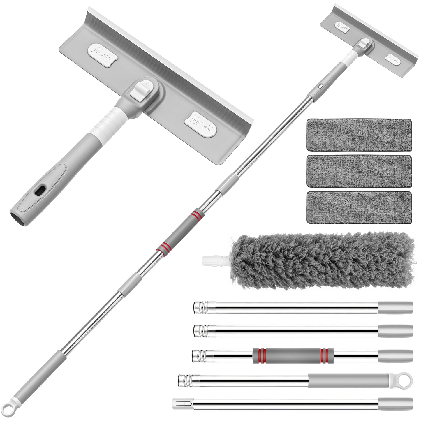 CSD02WDCK0000GY Window Squeegee Cleaner Tool, 4 in 1 Rotatable Window Cleaning Squeegee Kit with Extension Pole and Duster, 67'' Window Washing Kit for Home Mirror Car Glass with 3 Replaceable Cloth Strips(Gray)