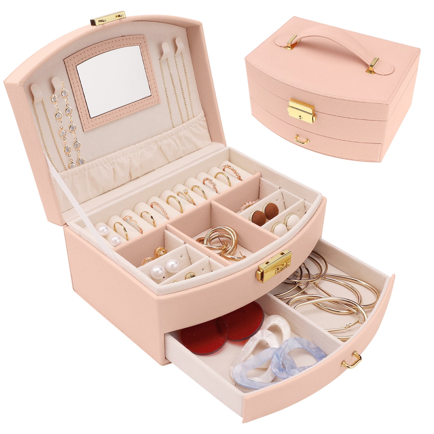 CSD01JBFW0002PK 2-Layer Jewelry Box for Women Girls, Portable Leather Jewelry Organizer with Mirror, Lockable Travel Jewelry Storage Case for Earrings, Rings, Necklaces, Bracelets