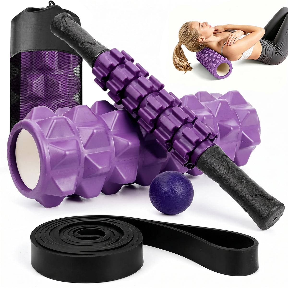 CSD01FRFE0013PU Cshidworld 5-in-1 Foam Roller Set, 13-inch Deep Tissue Foam Roller with Massage Stick, Massage Ball, Resistance Band & Carry Bag for Stretching, Yoga, Pilates & Fitness
