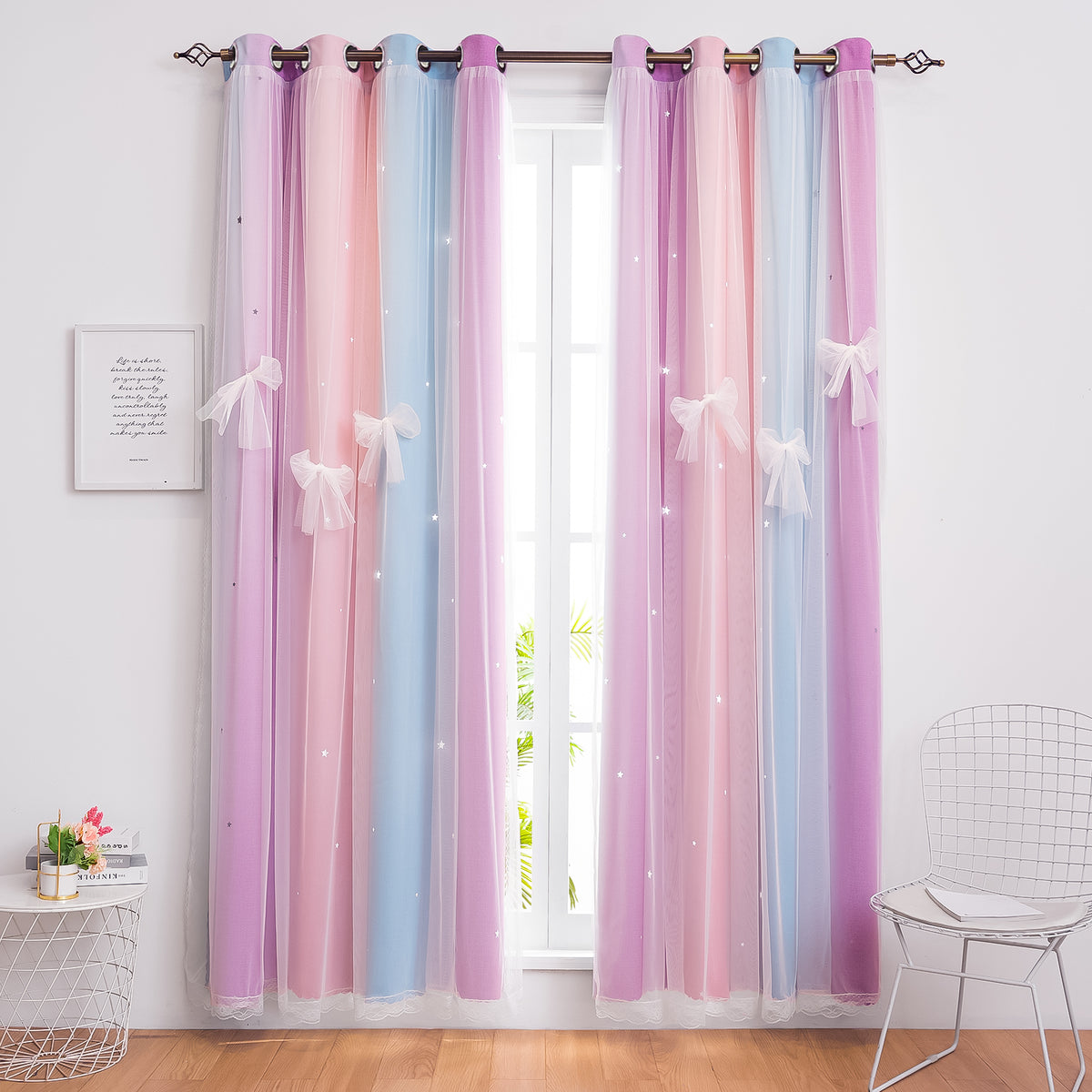CSD01BCFG0263BK Blackout Curtains for Girls Kids Bedroom, Colorful Double Layer Star Cut Out Curtains for Girls Room Nursery Home Decor, 52''x 63'', 2 Panels