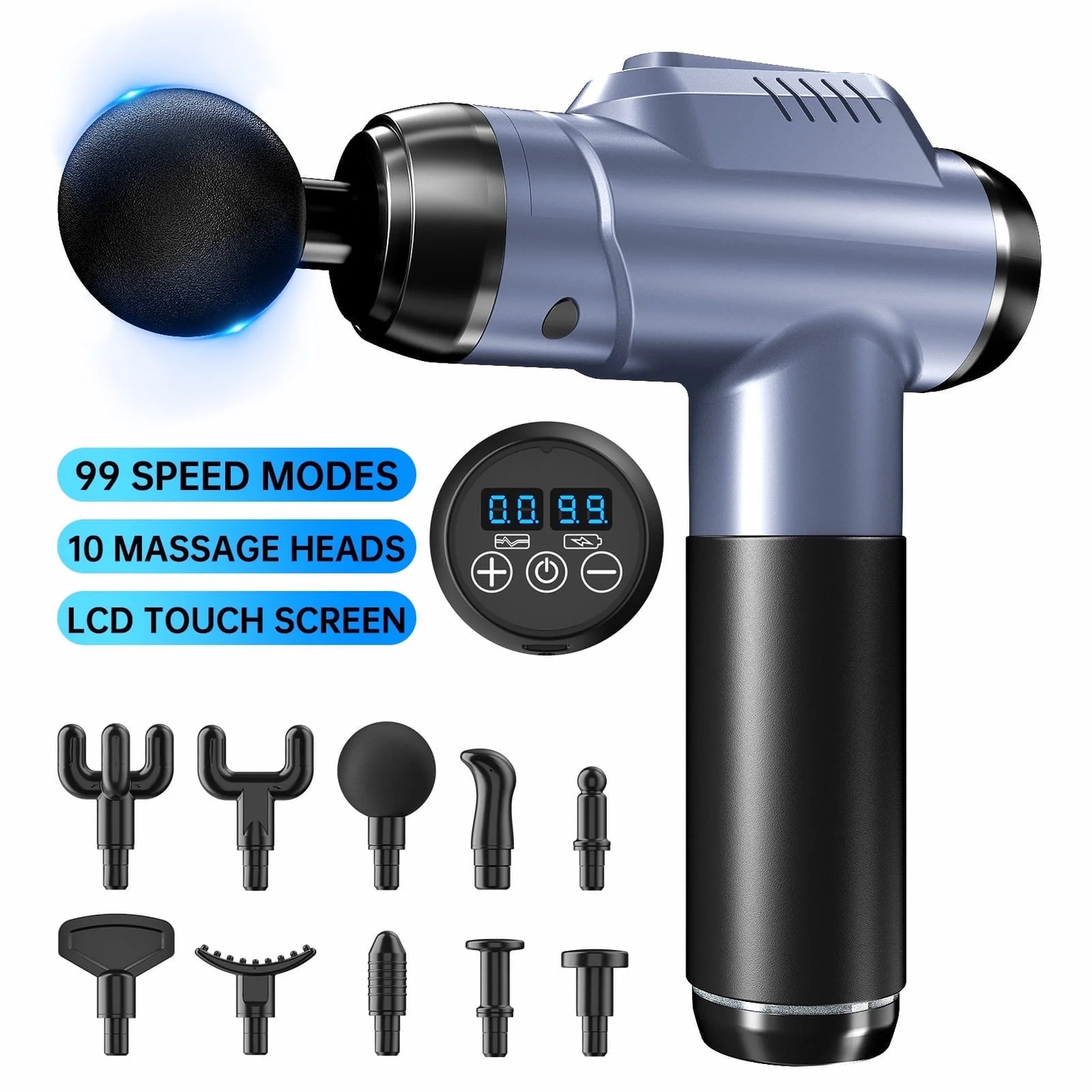 Massage Gun, Deep Tissue Massager, Portable Muscle Massage Gun for Back Neck Muscle Relieve, Quiet Massager Gun 99 Variable Speeds Digital Display 10 Massage Heads (Blue) CSD01MGA20000BU