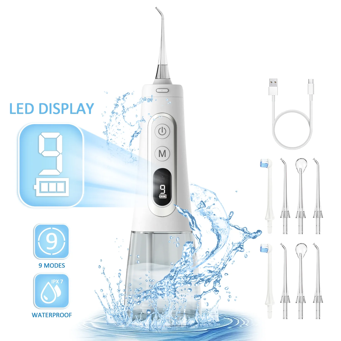 Water Flosser Cordless, OLED Display 300ML Large Tank Water Dental Flosser for Teeth Cleaning and Flossing Oral Irrigator/ 9 Modes with 8 Jet Tips, IPX7 Waterproof & Rechargeable CSD01HDM13900WH