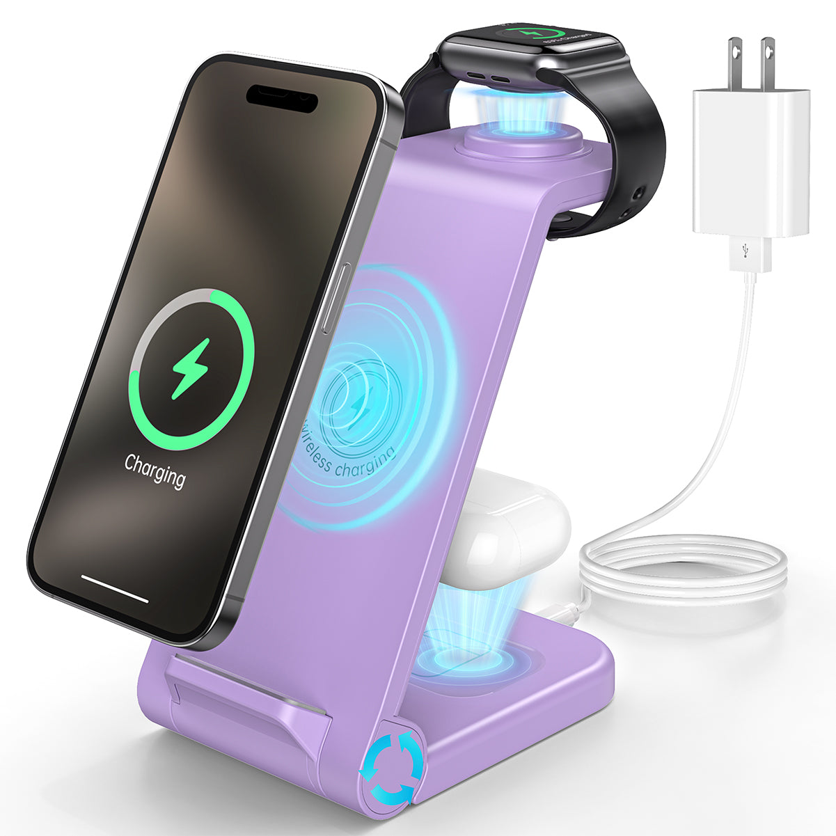 CSD01WLCGWX38PP Wireless Charger, 23W 3 in 1 Wireless Charging Station, Fast Charging dock for iPhone 15/14/13/12/11 Pro Max/X/Xs Max, AirPods 3/2/pro, iWatch Series 9/8/7/6/5/SE/4/3/2, Samsung Charger Stand (Purple)
