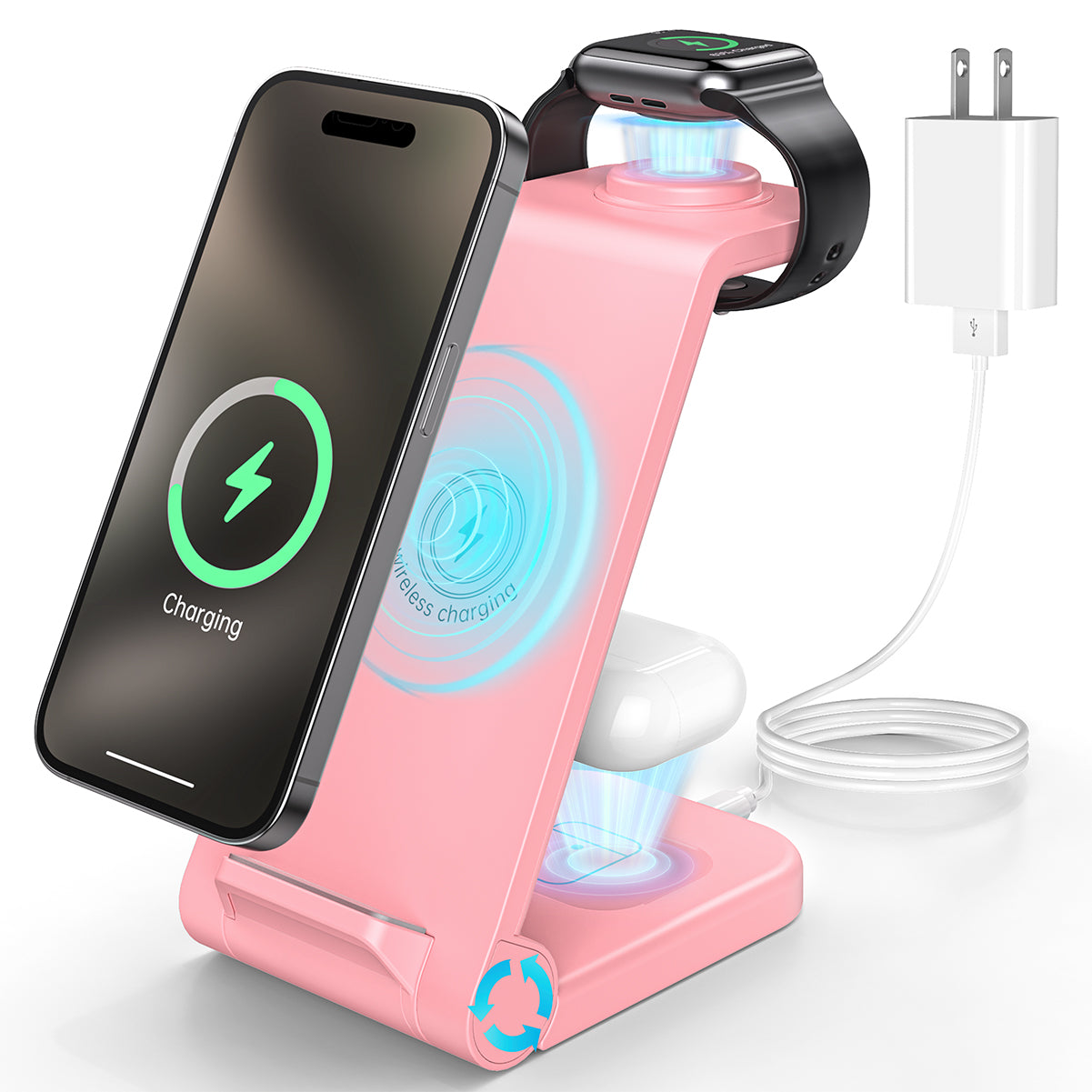 CSD01WLCGWX38PK Wireless Charger, 23W 3 in 1 Wireless Charging Station, Fast Charging dock for iPhone 15/14/13/12/11 Pro Max/X/Xs Max, AirPods 3/2/pro, iWatch Series 9/8/7/6/5/SE/4/3/2, Samsung Charger Stand (Pink)