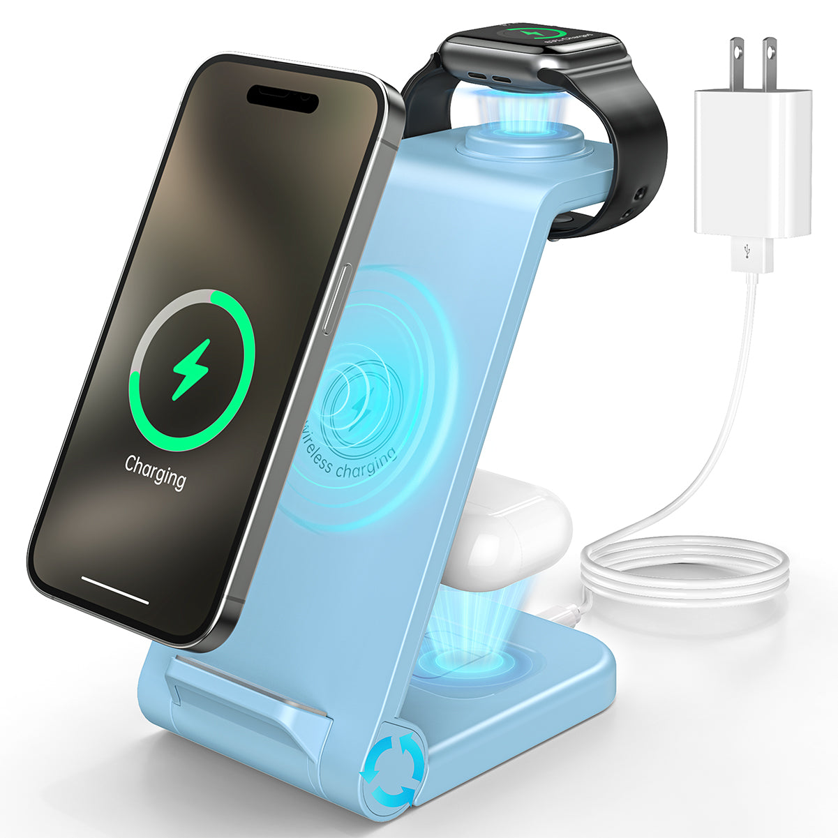 CSD01WLCGWX38BU Wireless Charger, 23W 3 in 1 Wireless Charging Station, Fast Charging dock for iPhone 15/14/13/12/11 Pro Max/X/Xs Max, AirPods 3/2/pro, iWatch Series 9/8/7/6/5/SE/4/3/2, Samsung Charger Stand (Blue)