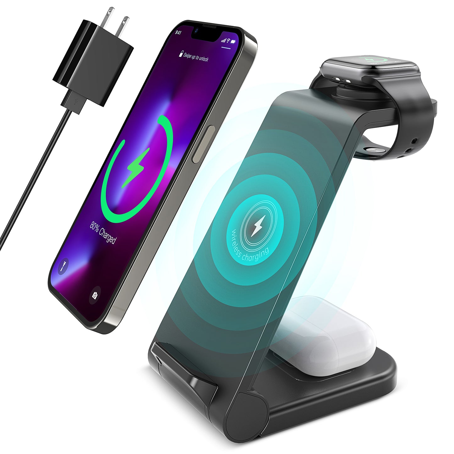 CSD01WLCGWX38BL Wireless Charger, 23W 3 in 1 Wireless Charging Station, Fast Charging dock for iPhone 15/14/13/12/11 Pro Max/X/Xs Max, AirPods 3/2/pro, iWatch Series 9/8/7/6/5/SE/4/3/2, Samsung Phones Charger Stand