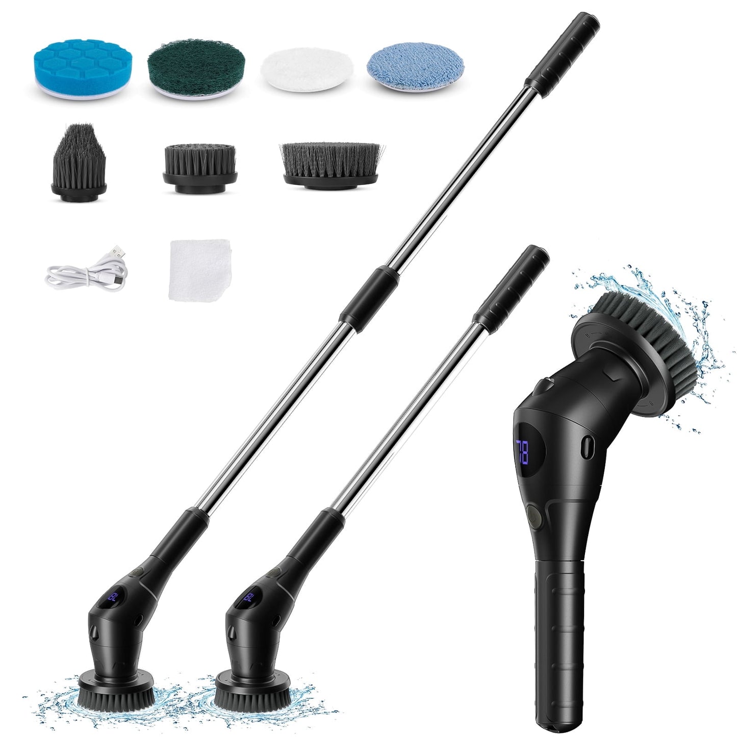 CSD12ESSB0000WH 3 Speeds Electric Spin Scrubber, Cordless Cleaning Brush with 7 Replaceable Brush Heads, 360 Power Scrubber with Adjustable & Detachable Handle for Bathroom Kitchen Tub Floor Tile, Black