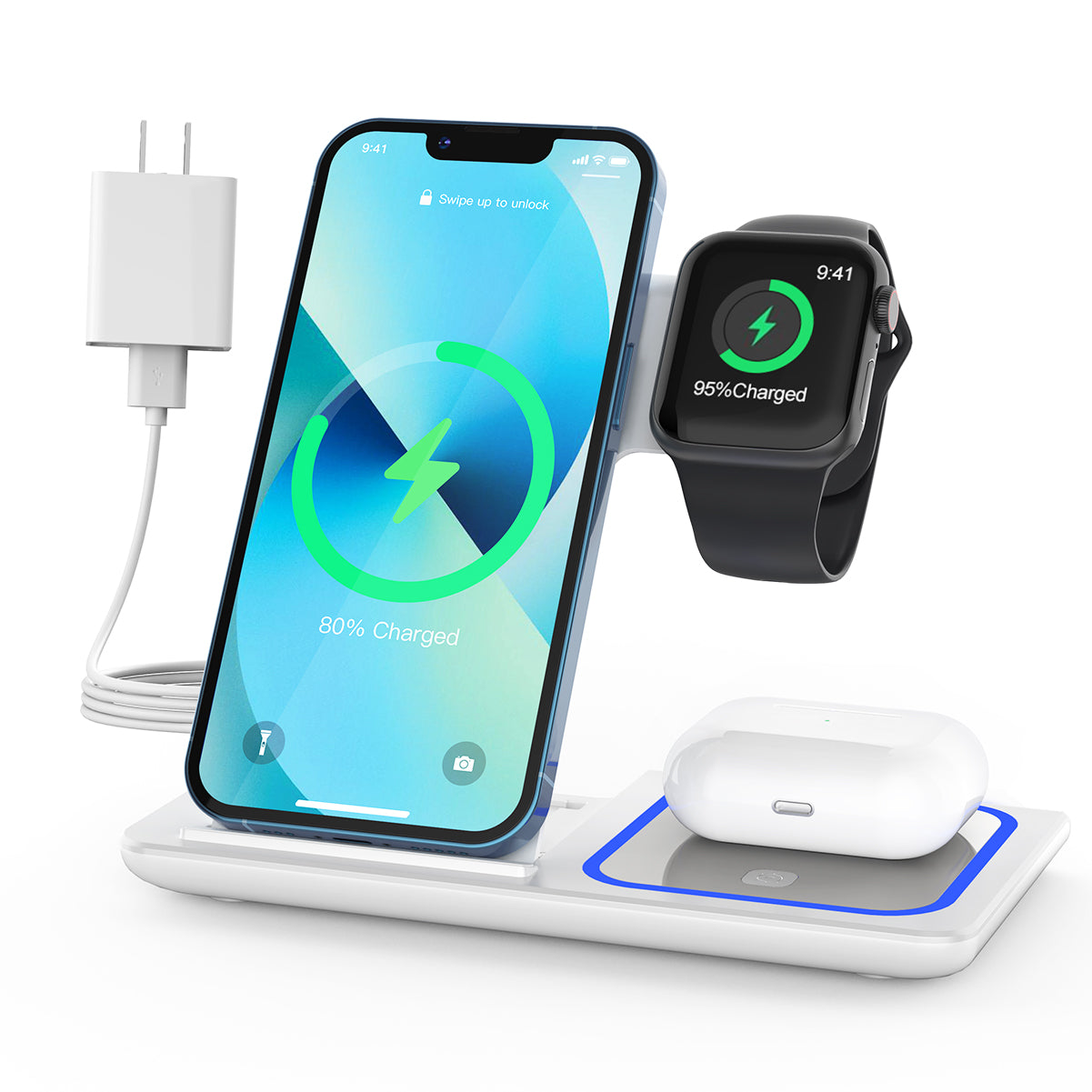 CSD02WLCG0000WH Wireless Charger, 3 in 1 Wireless Charging Station Dock with Breathing Indicator, Fast Charging Stand Compatible with IPhone 15/14/13/12/11 Pro Max/XS, Apple Watch 8/7/6/5/4, AirPods 3/2/Pro
