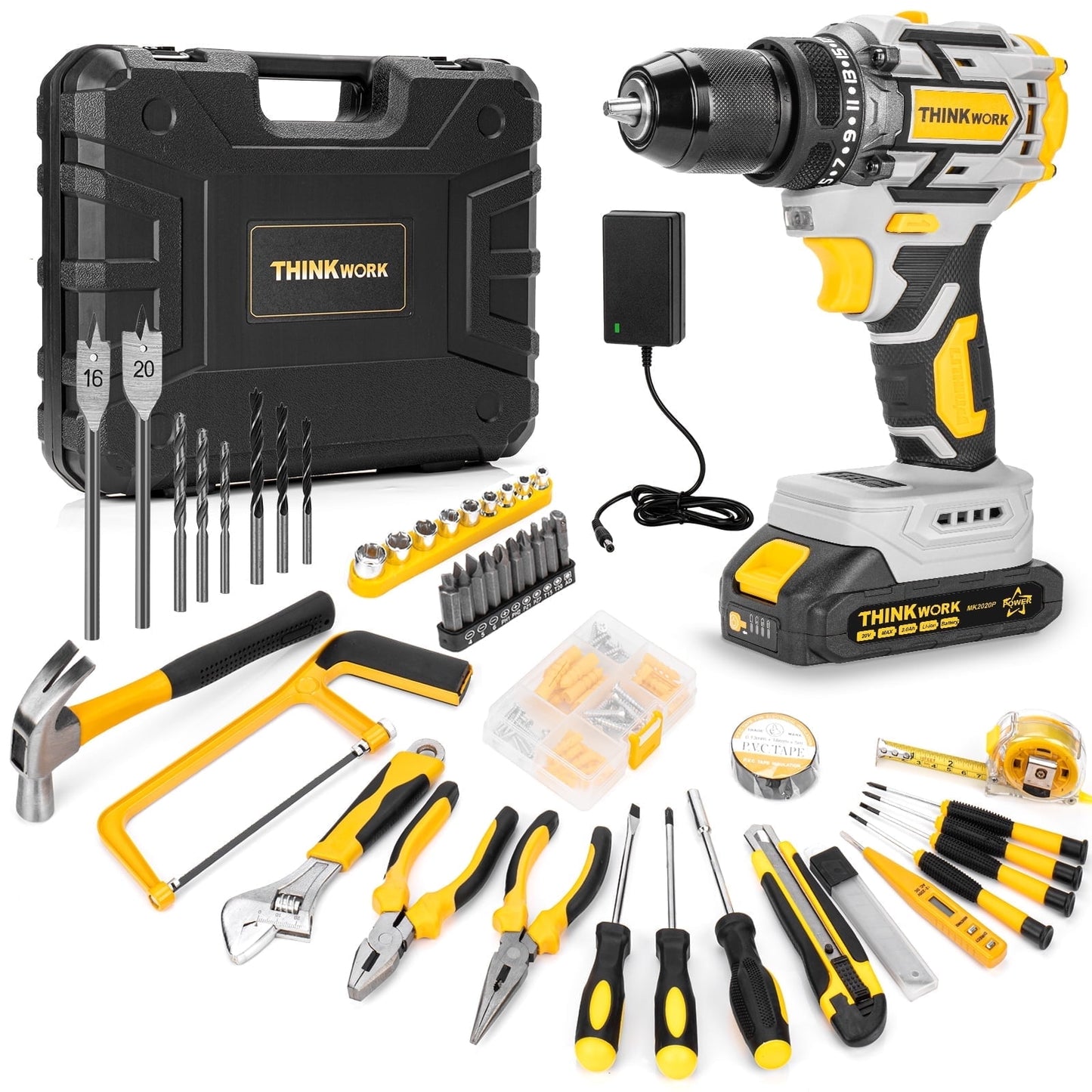 CSD44DSTS0000YE Cordless Drill Tool Kit Set, 21V Power Drill Tool Box with 2x 3000mAh Battery Electric Drill Set Driver for Men Women Home Hand Repair Basic Toolbox Tool Sets, 95PCS Home Mechanic Toolbox, Yellow