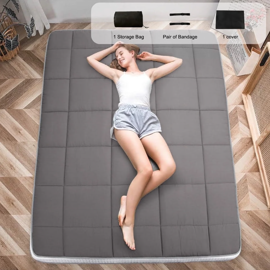 CSD01FMFM0000TW CshidWorld Japanese Floor Mattress, Futon Mattress w/Storage Bag & Washable Cover, Roll up Floor Mattress 4” Thick Tatami Mattress Quilted Bed Mattress Topper for Dorm, Guest Room, Gray, Tween