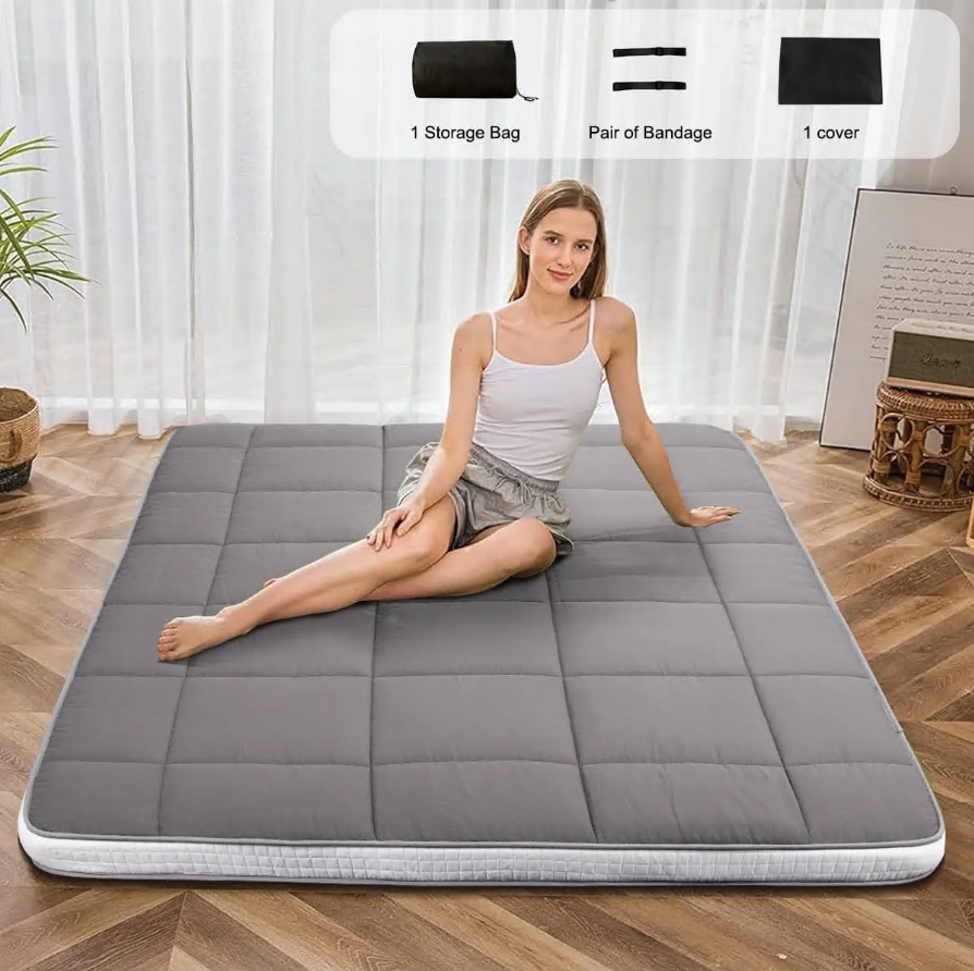 CSD01FMFM0000QN CshidWorld Japanese Floor Mattress, Futon Mattress w/Storage Bag & Washable Cover, Roll up Floor Mattress 4” Thick Tatami Mattress Quilted Bed Mattress Topper for Dorm, Guest Room, Gray, Queen
