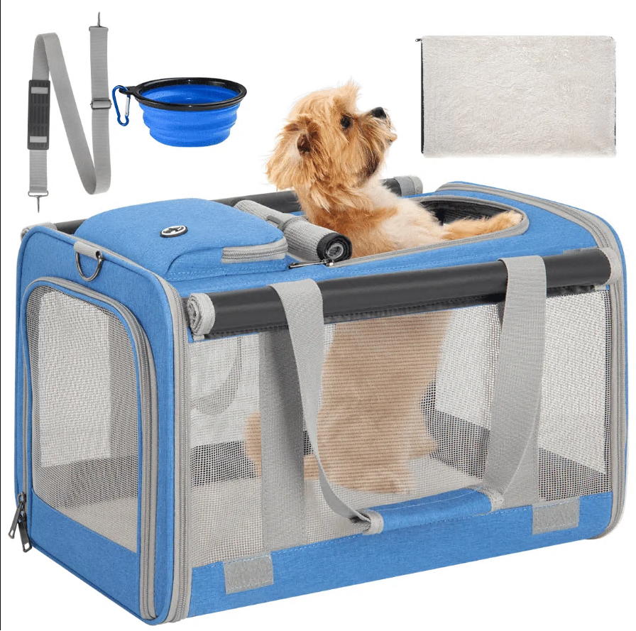 CSD02BBPP0000GN Cat Carriers for Medium Cats Under 25 lbs, Pet Carrier for Cats Dog with Top Bag/Fodable Bowl/Washable Pad, Soft-Sided Escape Proof with 4 Ventilated Windows, Blue