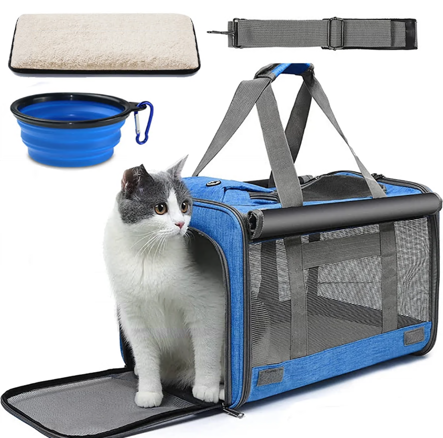 CSD0100CC0000BU Cat Carrier, Large Cat Carrier for Medium Cats, Foldable Soft-Sided Cat Carriers under 25lbs with a Bowl, Mat, Travel Car Cat Carries for Outdoors, TSA Airline Approved,Blue
