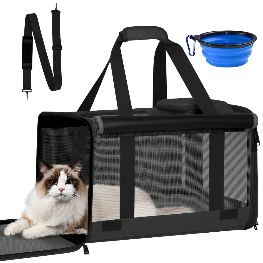 CSD0100CC0000BK Cat Carrier, Large Cat Carrier for Small Medium Dogs Cats, Foldable Soft-Sided Cat Carriers Under 25lbs with a Bowl, Mat, Travel Car Cat Carries for Outdoors, TSA Airline Approved,Black