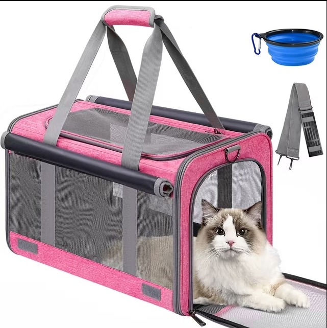 CSD0100CC0319PNK CshidWorld Cat Carrier, Pet Carrier for Large Cats, Soft-Sided Cat Carrier with a Bowl/Front Storage Bag for Small Medium Cats Dogs up to 20lbs, Collapsible Travel Cat Carrier, TSA Approved(Pink)