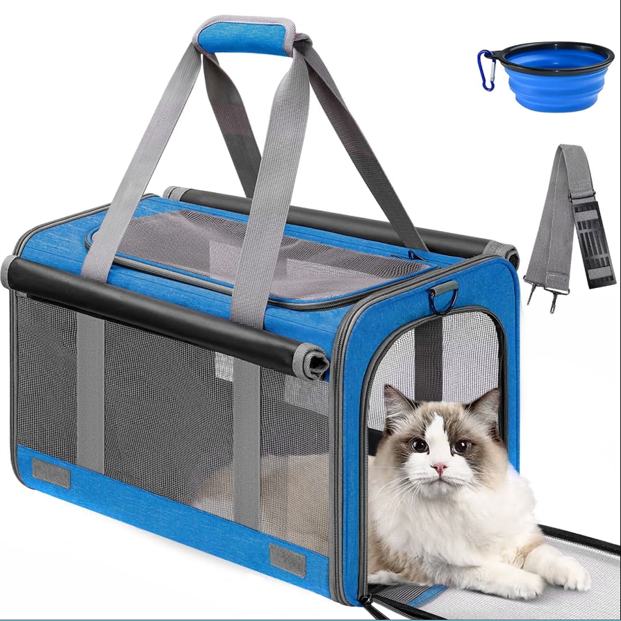 CSD0100CC0319BU Cat Carrier, Pet Carrier for Large Cats, Soft-Sided Cat Carrier with a Bowl/Front Storage Bag for Small Medium Cats Dogs up to 20lbs, Collapsible Car Travel Cat Carrier, TSA Approved(Blue)