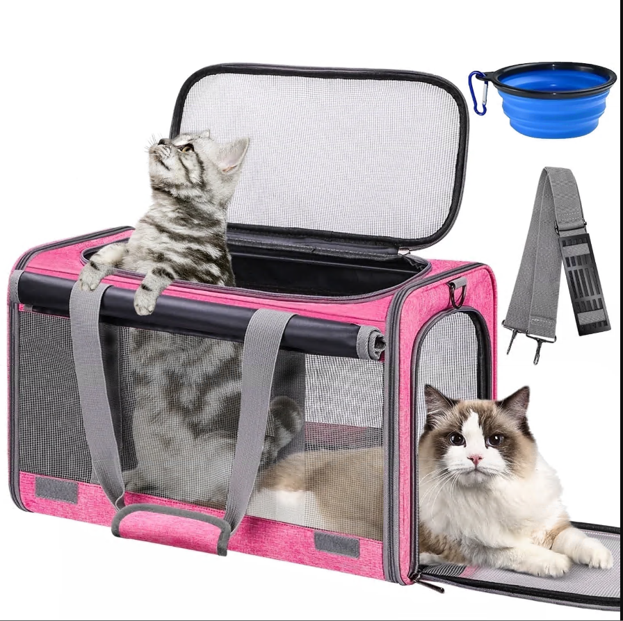 CSD0200CC0319PNK Cshidworld Cat Carrier Airline Approved, Pet Carriers for Cats with Water Bowl/Front Pocket/Adjustable Shoulder Strap, Collapsible Pet Carrier for Small Medium Cat Dogs up to 20lbs, Pink