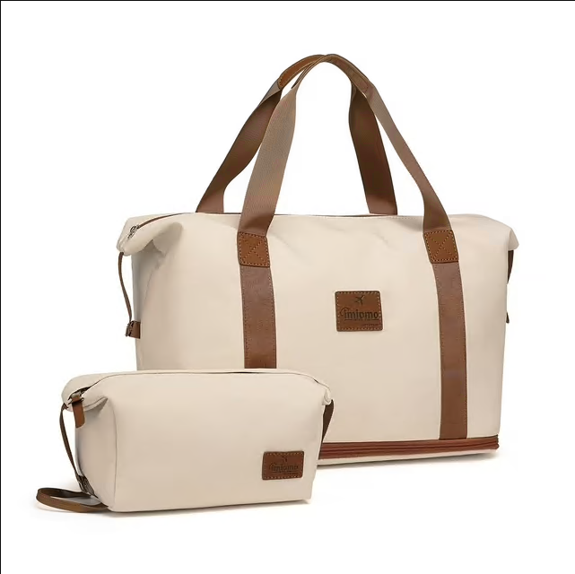 CSD01EPTB0000BG 2 Pcs Underseat Travel Duffel Bag Airline Approved Gym Bag for Women Waterproof Expandable Lightweight Durable w/Toiletry Bag Large Capacity Carry on Luggage Bag for Overnight Weekend,Off-White