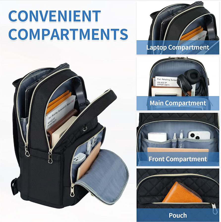 CSD01LPBKB680BK Laptop Backpack 15.6 Inch Stylish Daypack with USB Charging Port, Water-repellent Nylon Backpack Backpack for Travel/Business/Women/Black